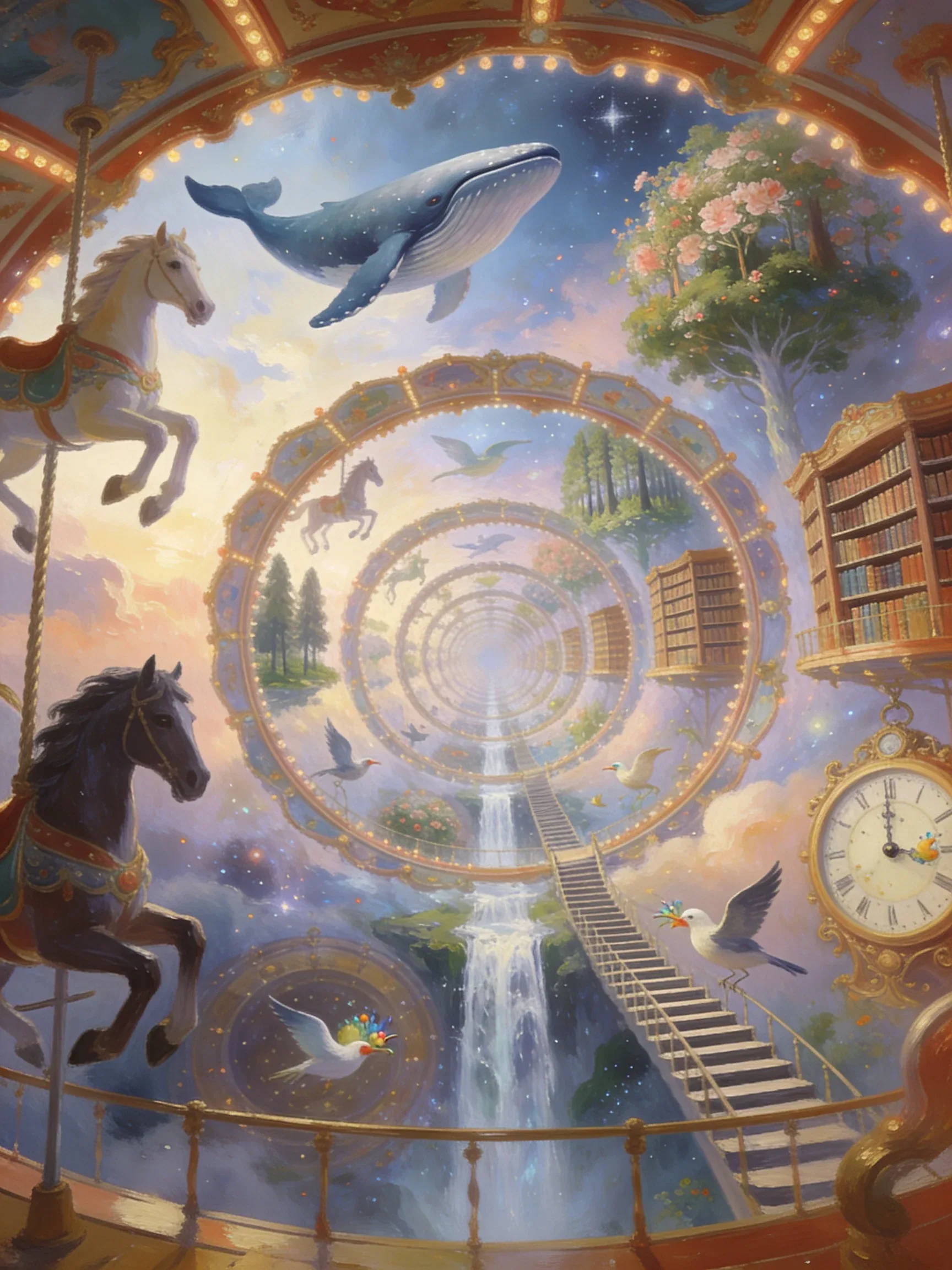 The Carousel That Never Stops An infinite carousel stretches across the universe where horses transform into … - AI提示词参考图，来自西西提示词