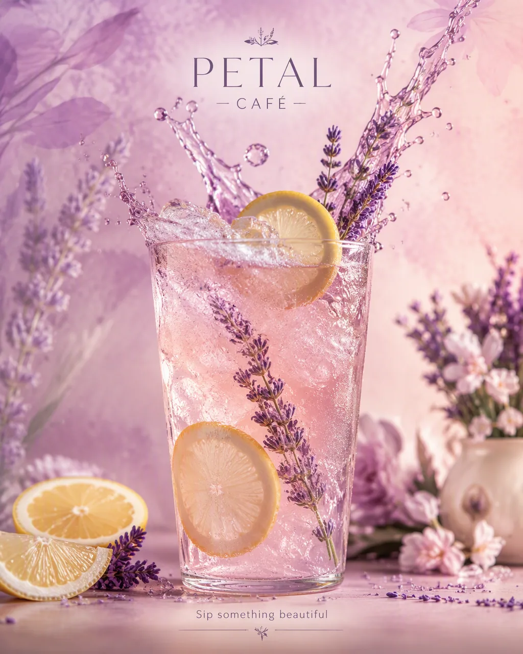 Create a refreshing premium drink advertising poster for a fictional café "PETAL". FORMAT: 4:5 vertical, soft… - AI prompt reference from CC Prompt Galaxy