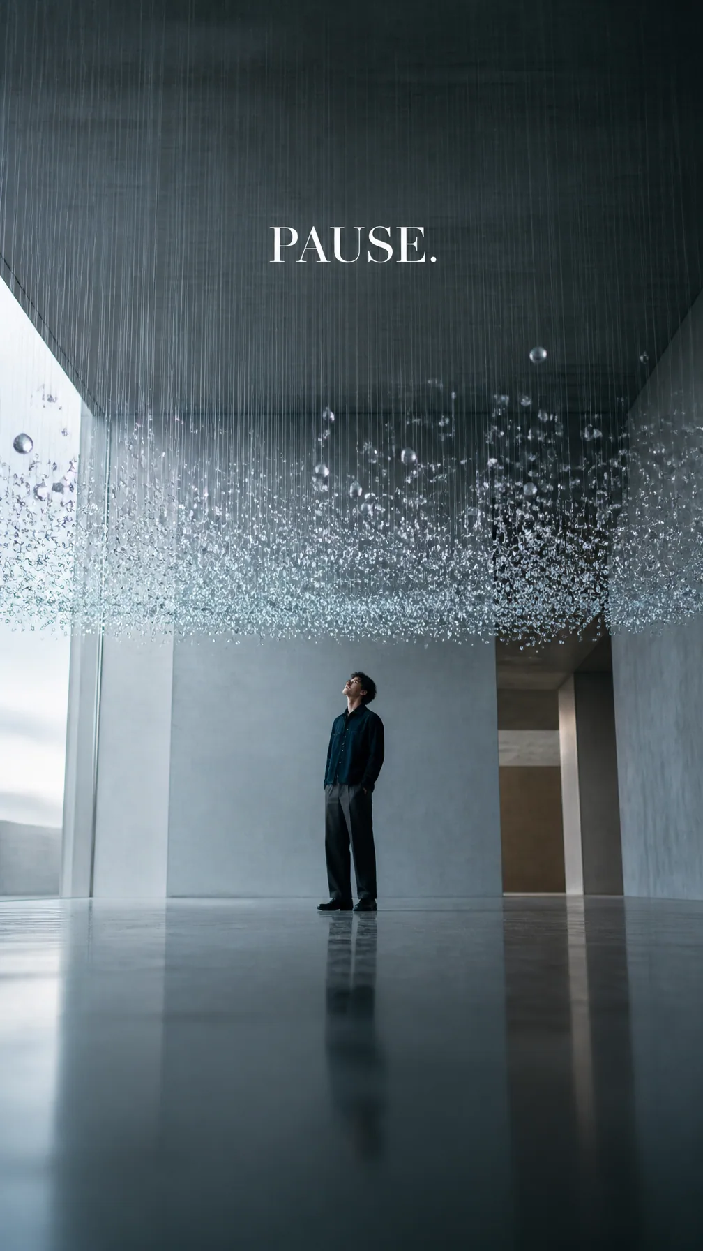 Premium editorial campaign.Main Subject: Young man standing inside a minimalist architectural space.Creative … - AI提示词参考图，来自西西提示词
