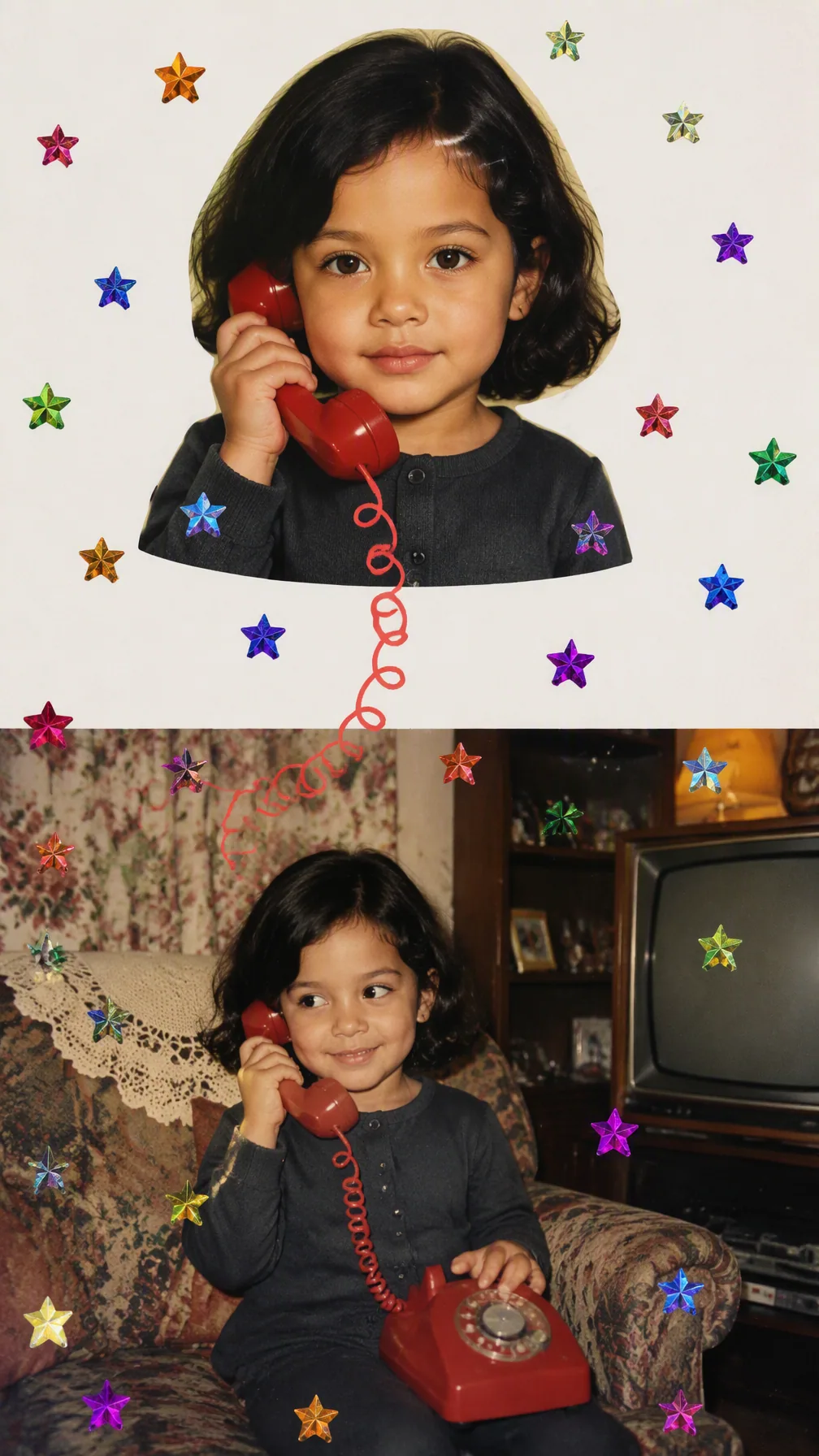 [image1] A nostalgic 1980s–1990s Western childhood photo recreation composite in vertical format, split into … - AI提示词参考图，来自西西提示词