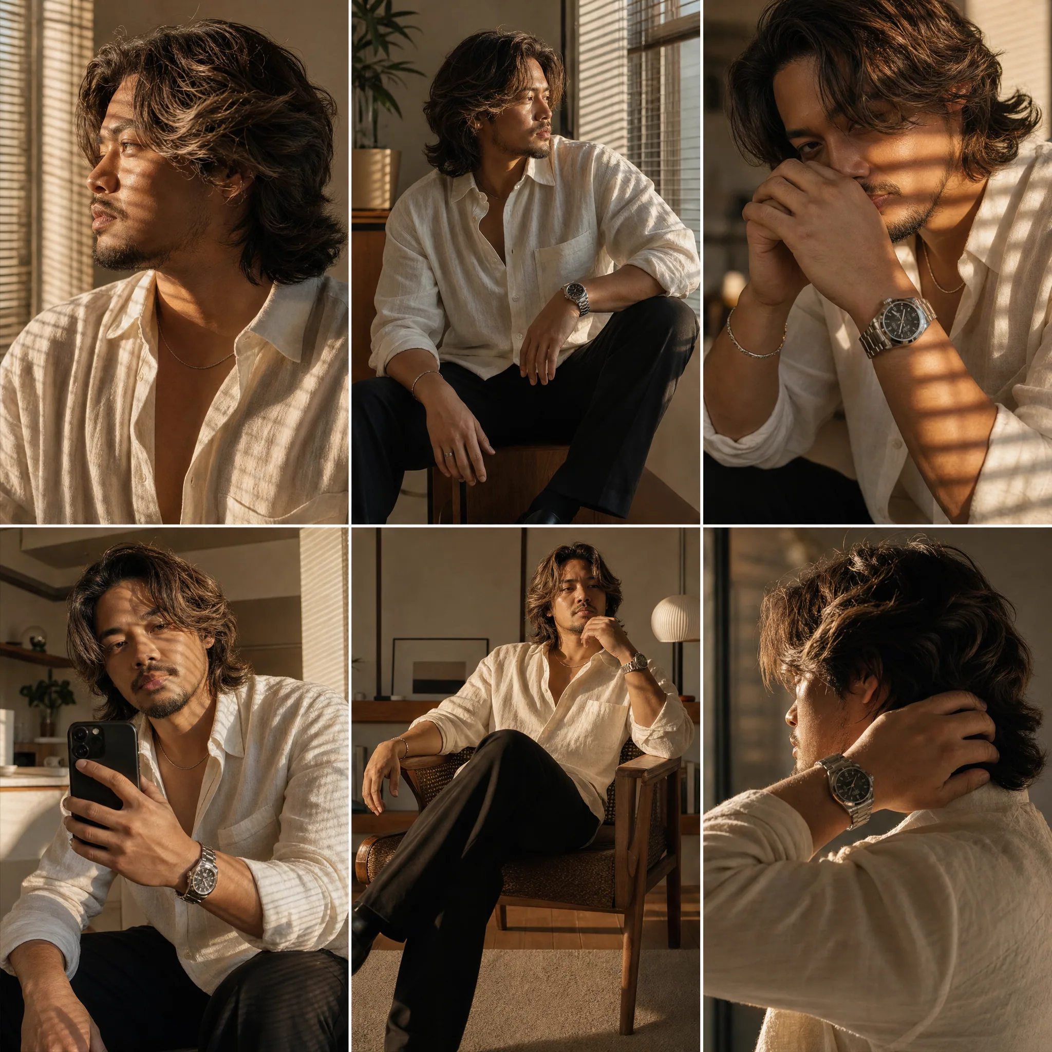Ultra realistic luxury men's fashion editorial collage featuring the same handsome young man in six different… - AI提示词参考图，来自西西提示词