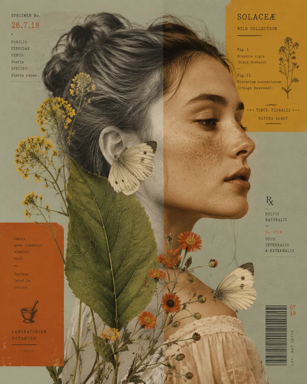 A mixed-media collage portrait of a young woman's profile split into duality — one half rendered in fine-grai… - AI prompt reference from CC Prompt Galaxy