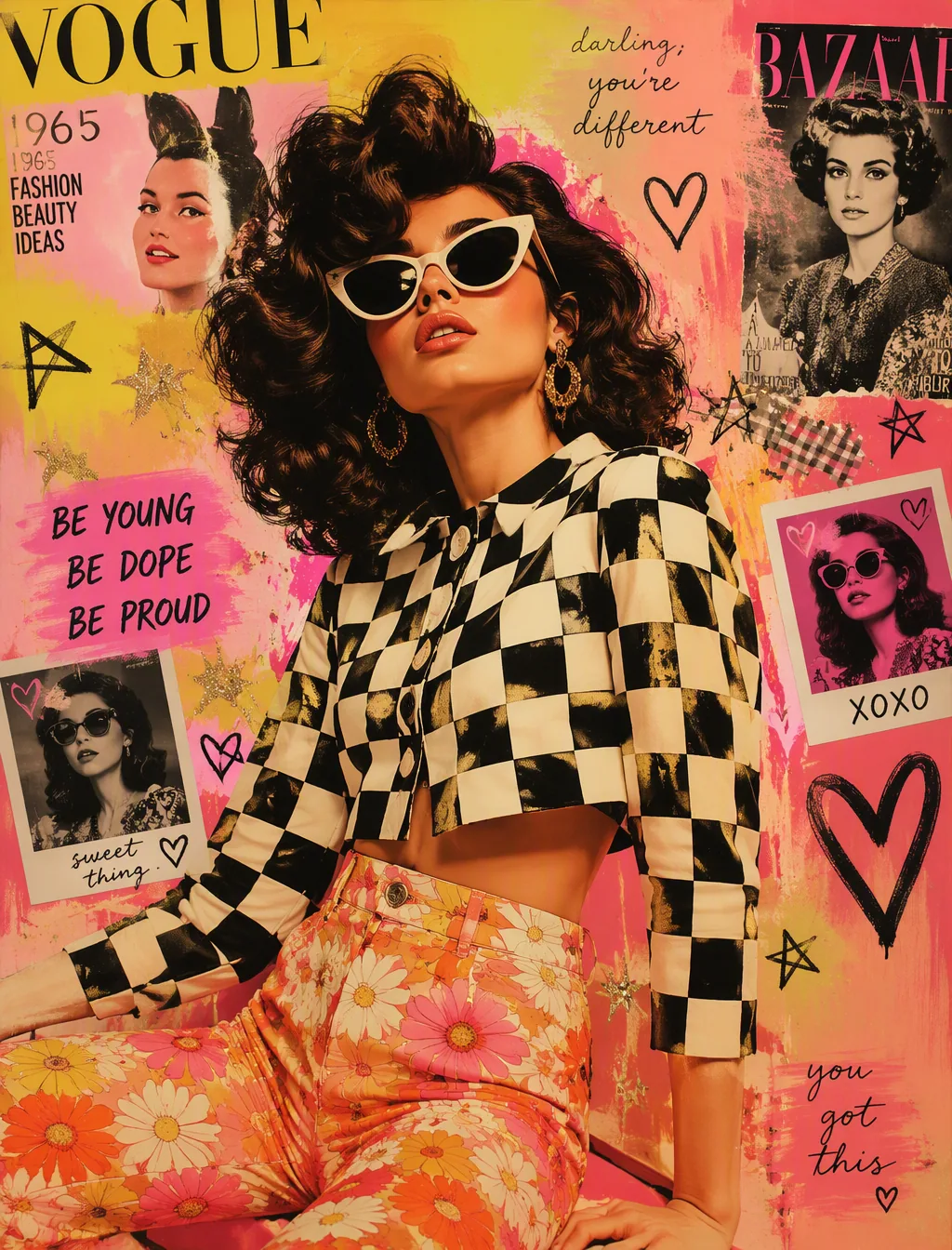 A stunningly conceptual illustration of a 20-year-old woman exuding 60s-inspired glamour, with her voluminous… - AI提示词参考图，来自西西提示词