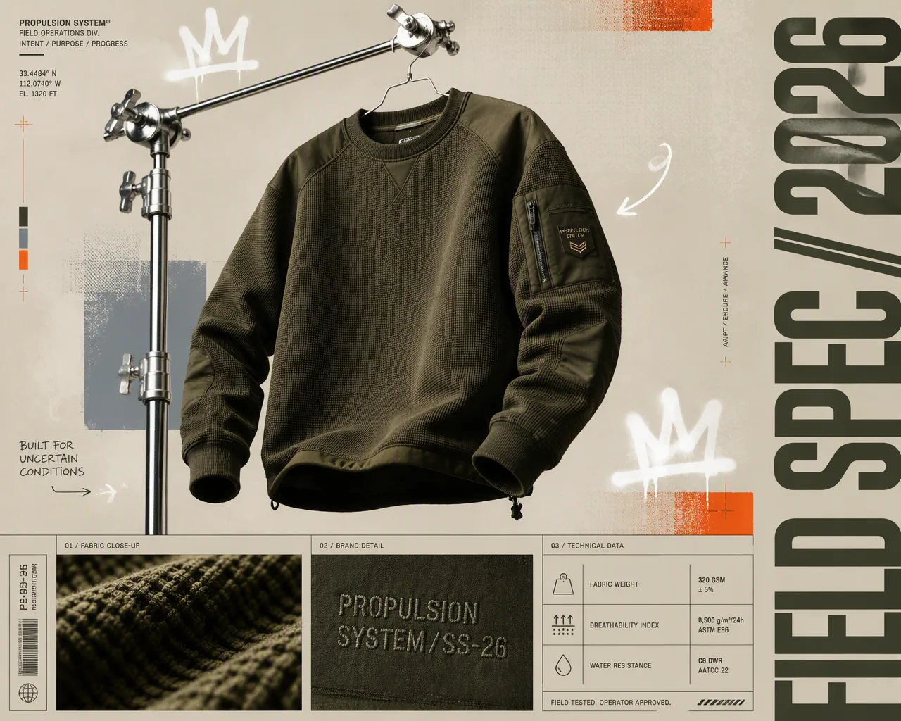 An avant-garde experimental print advertisement poster for modern technical streetwear. The central product i… - AI prompt reference from CC Prompt Galaxy