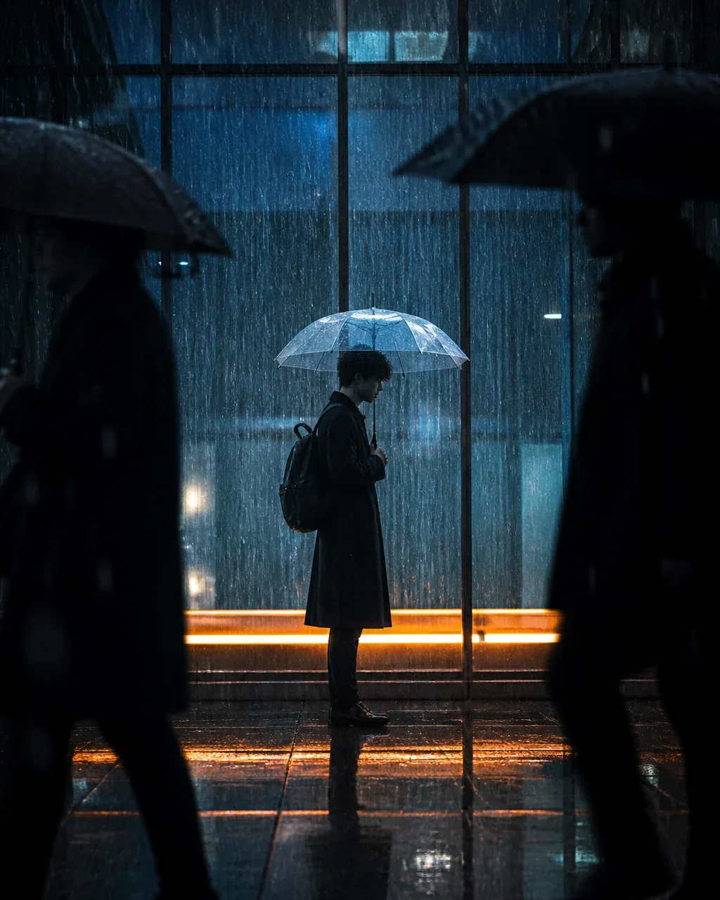 Vertical cinematic rainy city street photography, frame composition, blurred black silhouettes of pedestrians… - AI提示词参考图，来自西西提示词