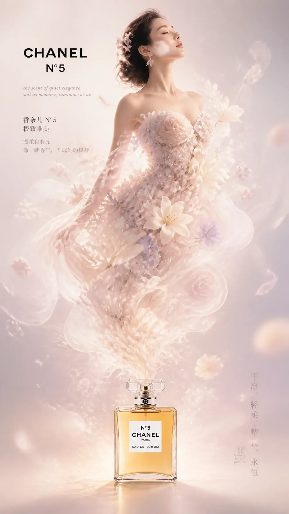 Create an ultra-luxury advertising poster for Chanel N°5 perfume, in an ethereal floral dream style with extr… - AI prompt reference from CC Prompt Galaxy
