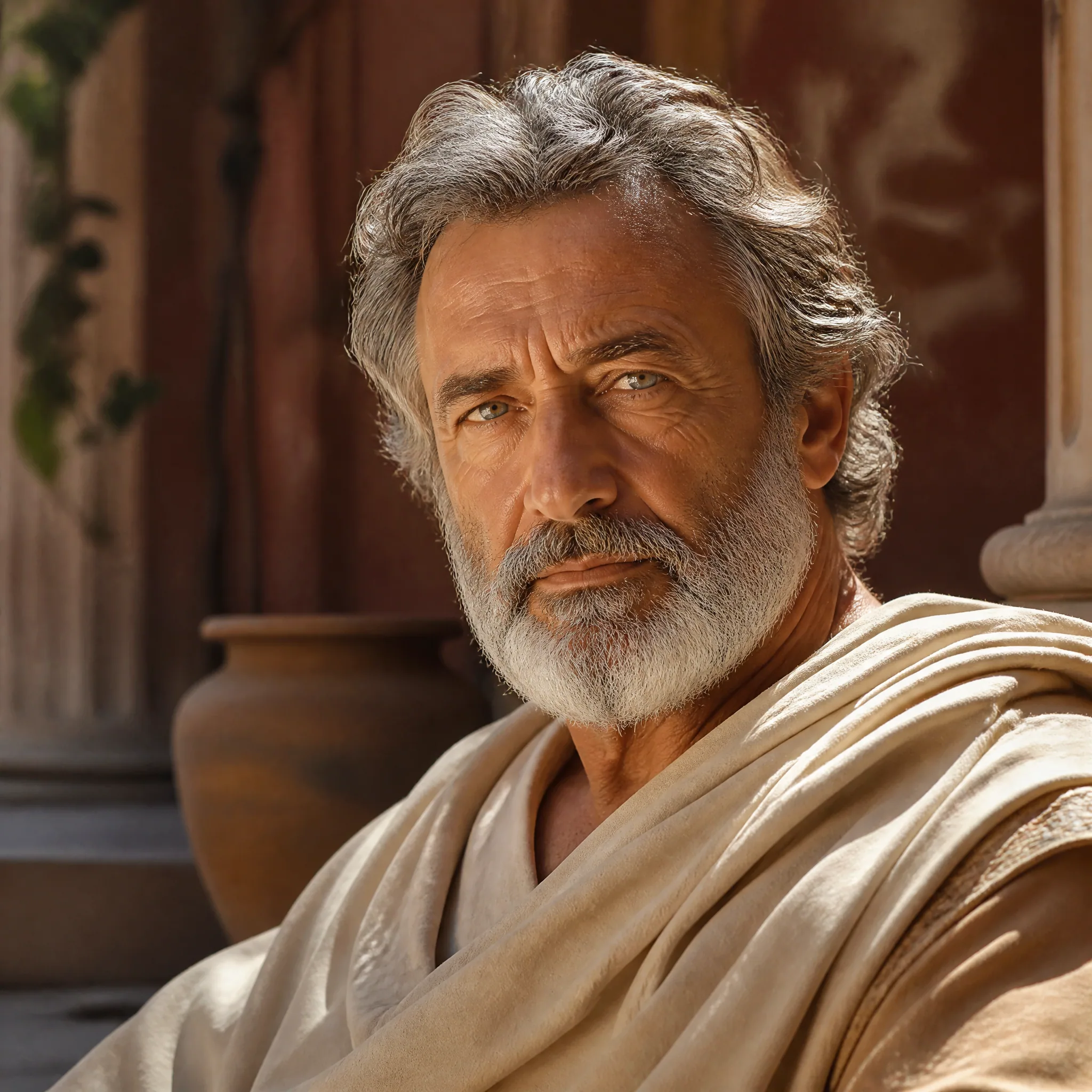 Ultra realistic portrait of a distinguished Greek philosopher, in a sun-drenched Mediterranean courtyard with… - AI提示词参考图，来自西西提示词