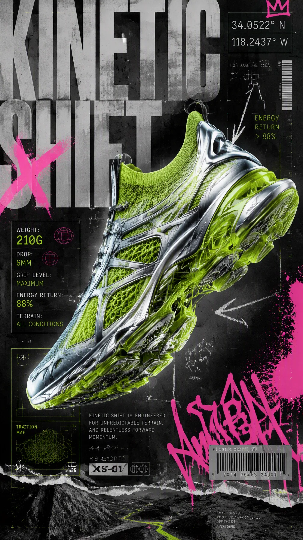 An experimental industrial advertisement poster featuring a floating, high-tech athletic sneaker made of meta… - AI提示词参考图，来自西西提示词