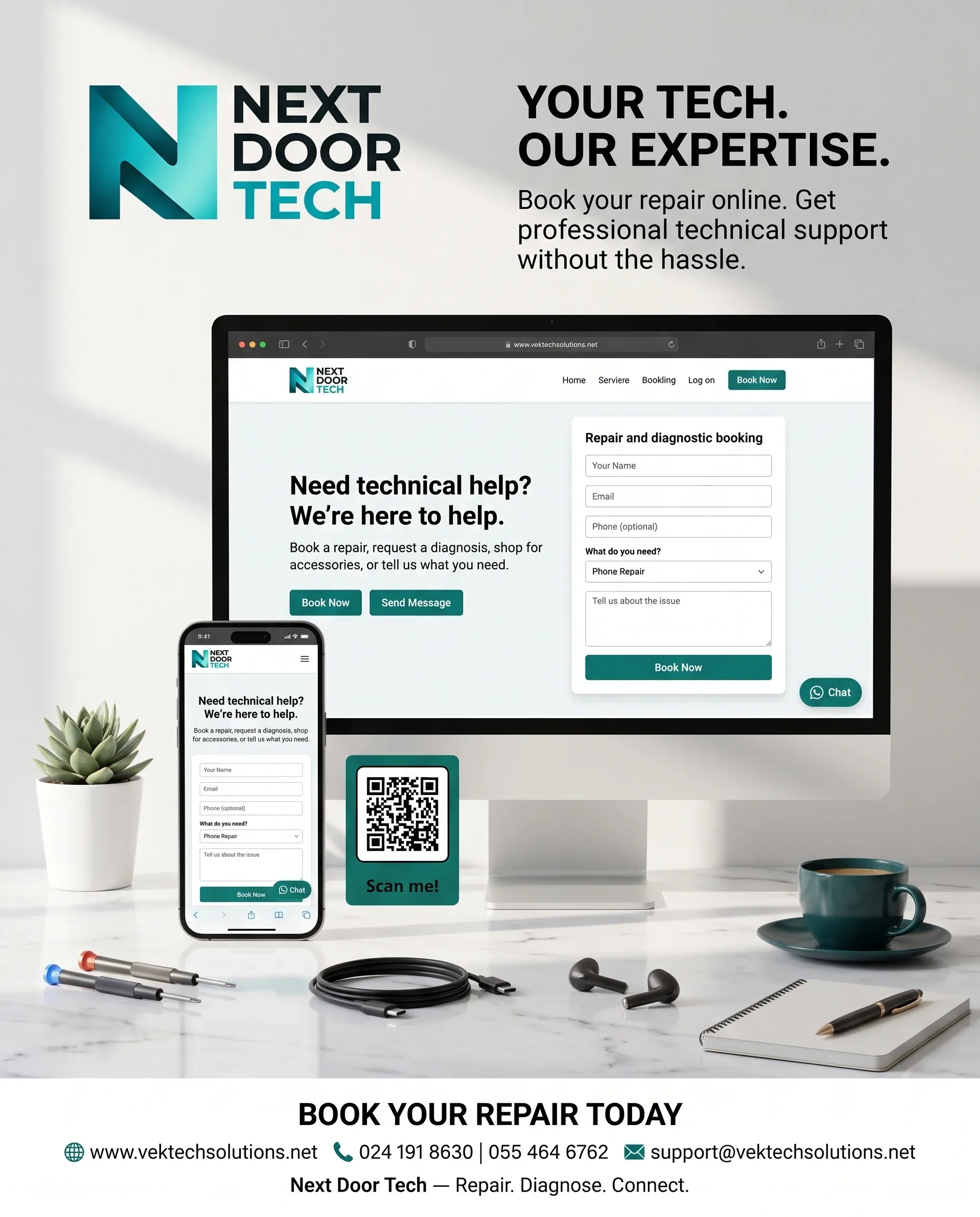 Next Door Tech — Website Promotion Mockup PromptPrompt:Create a premium lifestyle product mockup advertising … - AI提示词参考图，来自西西提示词
