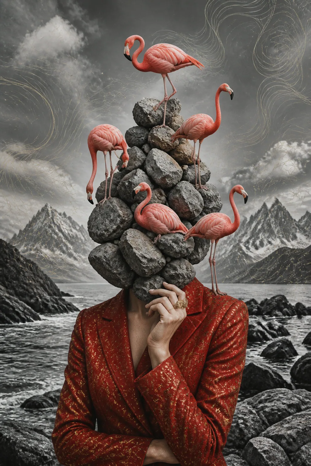 A surreal collage features a woman's head replaced by a pile of rocks, with several pink flamingos perched on… - AI提示词参考图，来自西西提示词