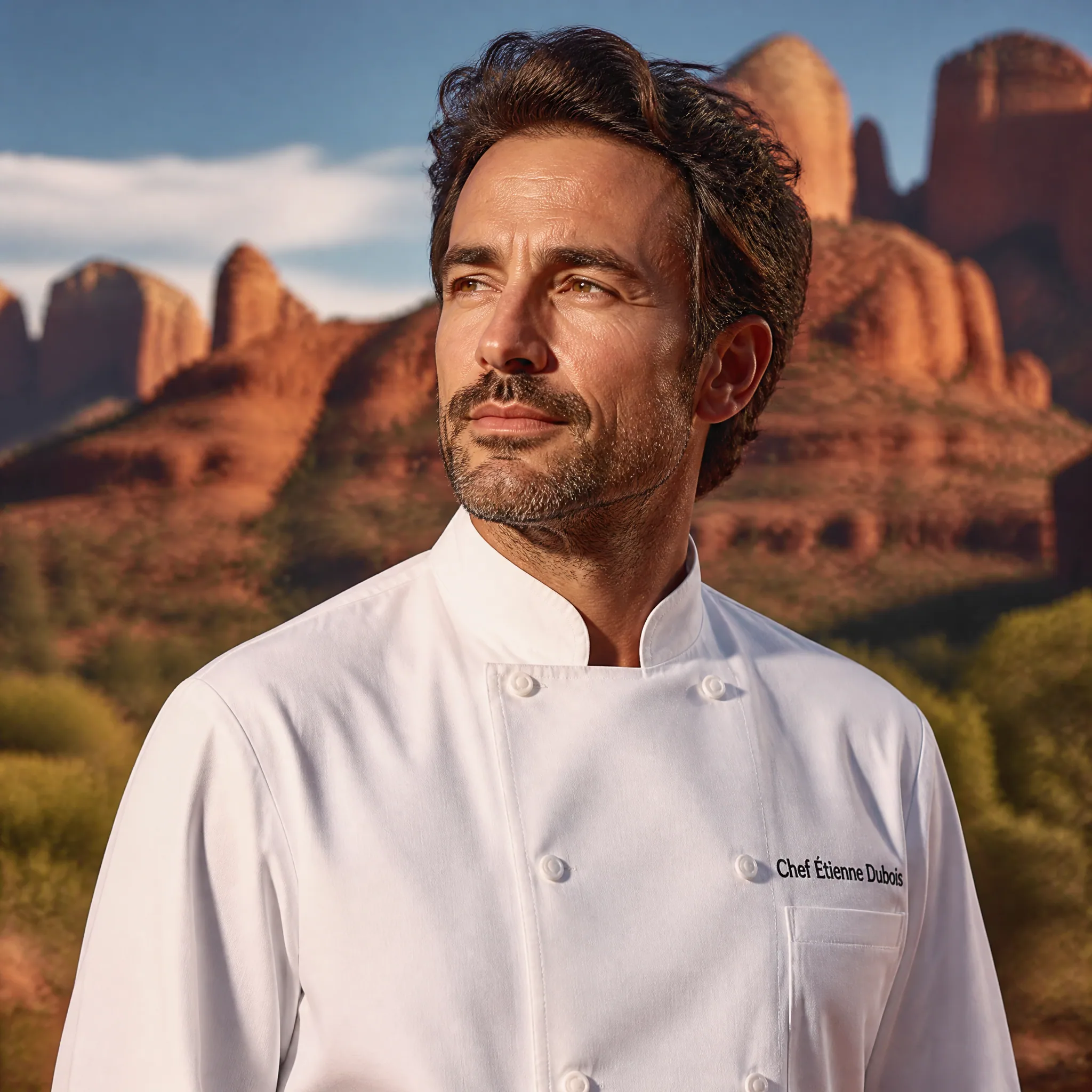 Ultra realistic portrait of a stylish French chef, against a dramatic Arizona desert red rock formation, stud… - AI提示词参考图，来自西西提示词