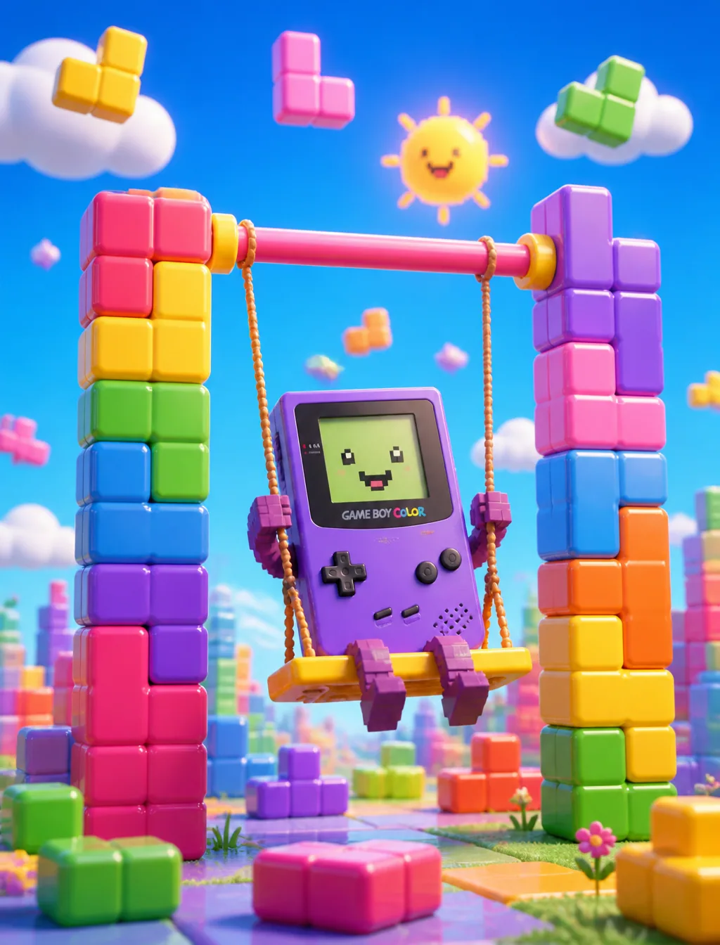 candy tone tetris world, happy gameboy color shaped automaton, pixel emoticon screen, pixel limbs. ride a swi… - AI prompt reference from CC Prompt Galaxy