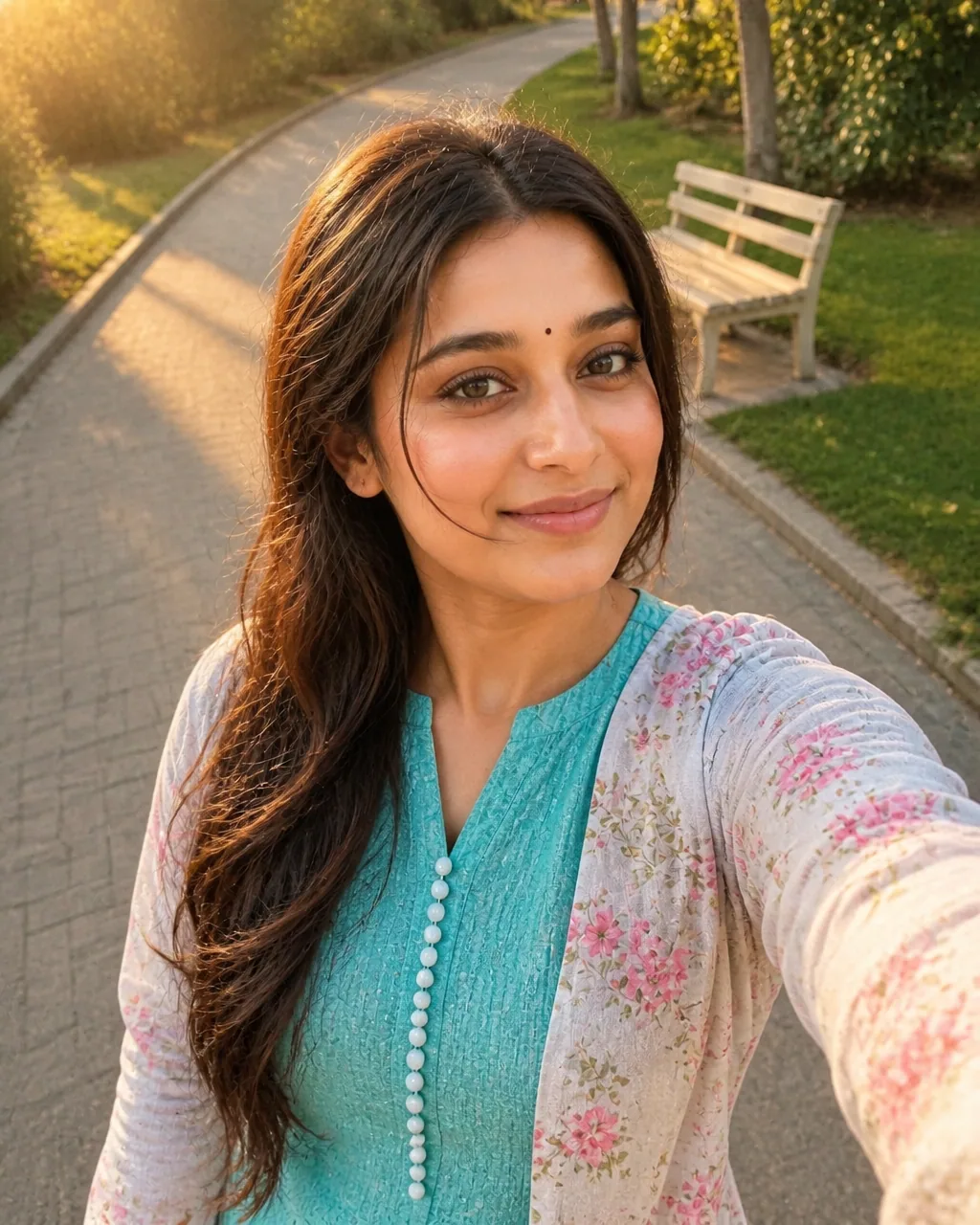 A young South Asian woman takes a high-angle smartphone selfie on a park walkway, looking directly into the l… - AI提示词参考图，来自西西提示词