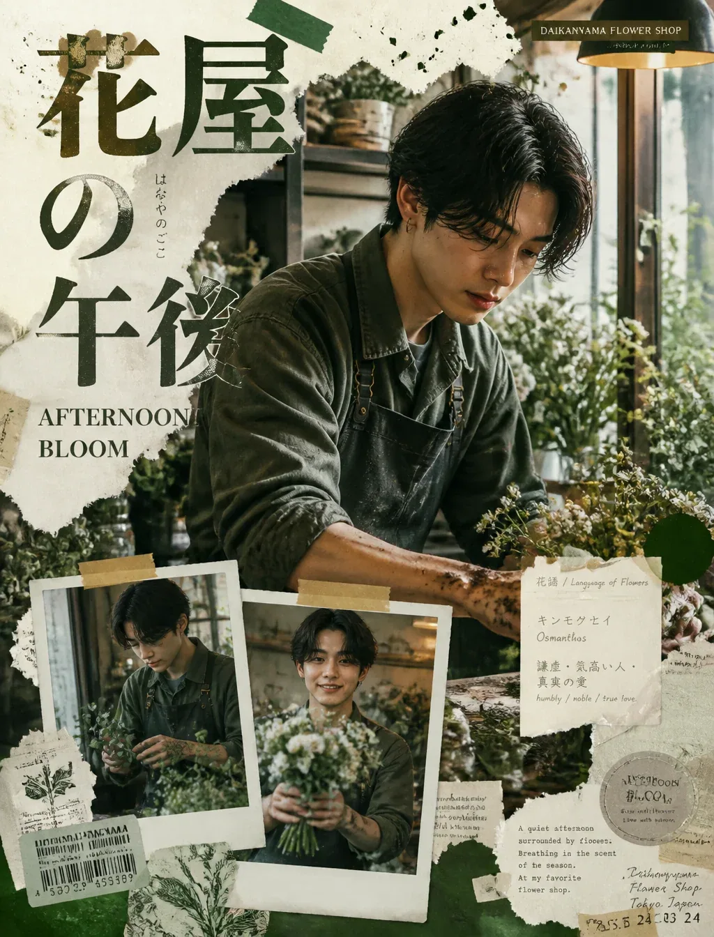 Y2K日系街头编辑拼贴海报，东亚面孔年轻男性，代官山小众花店操作台前，袖口沾着泥土与花瓣碎屑，眼神温柔却带着一丝不易察觉的疲惫，自然皮肤纹理干燥唇纹微卷中分发型，花店落地窗自然柔光与暖色工作灯交织的柔和戏剧布光，安静中… - AI prompt reference from CC Prompt Galaxy