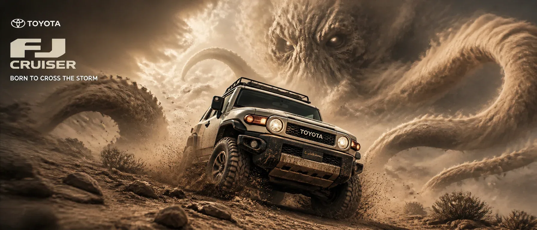 Create an ultra-premium cinematic key visual for the Toyota FJ Cruiser in a hyper-realistic desert storm envi… - AI提示词参考图，来自西西提示词