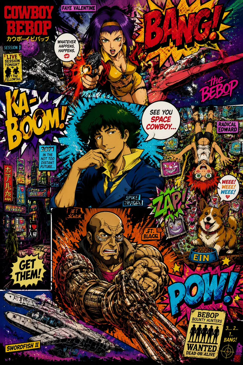 hyper-detailed, dynamic manga pop-art style illustration featuring the main crew of Cowboy Bebop, arranged in… - AI prompt reference from CC Prompt Galaxy