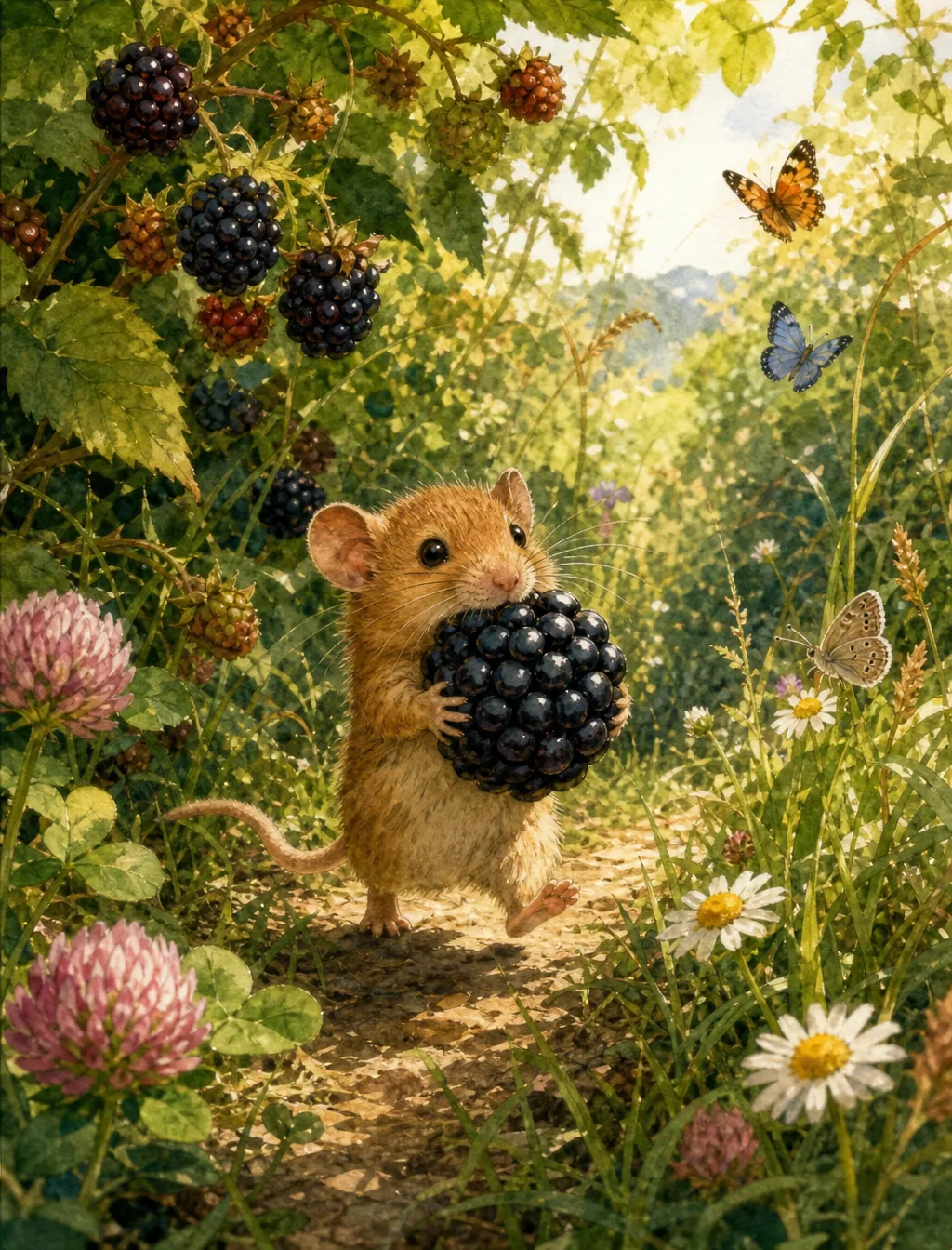 A tiny dormouse proudly carrying an enormous blackberry almost as big as itself through a lush summer hedgero… - AI提示词参考图，来自西西提示词