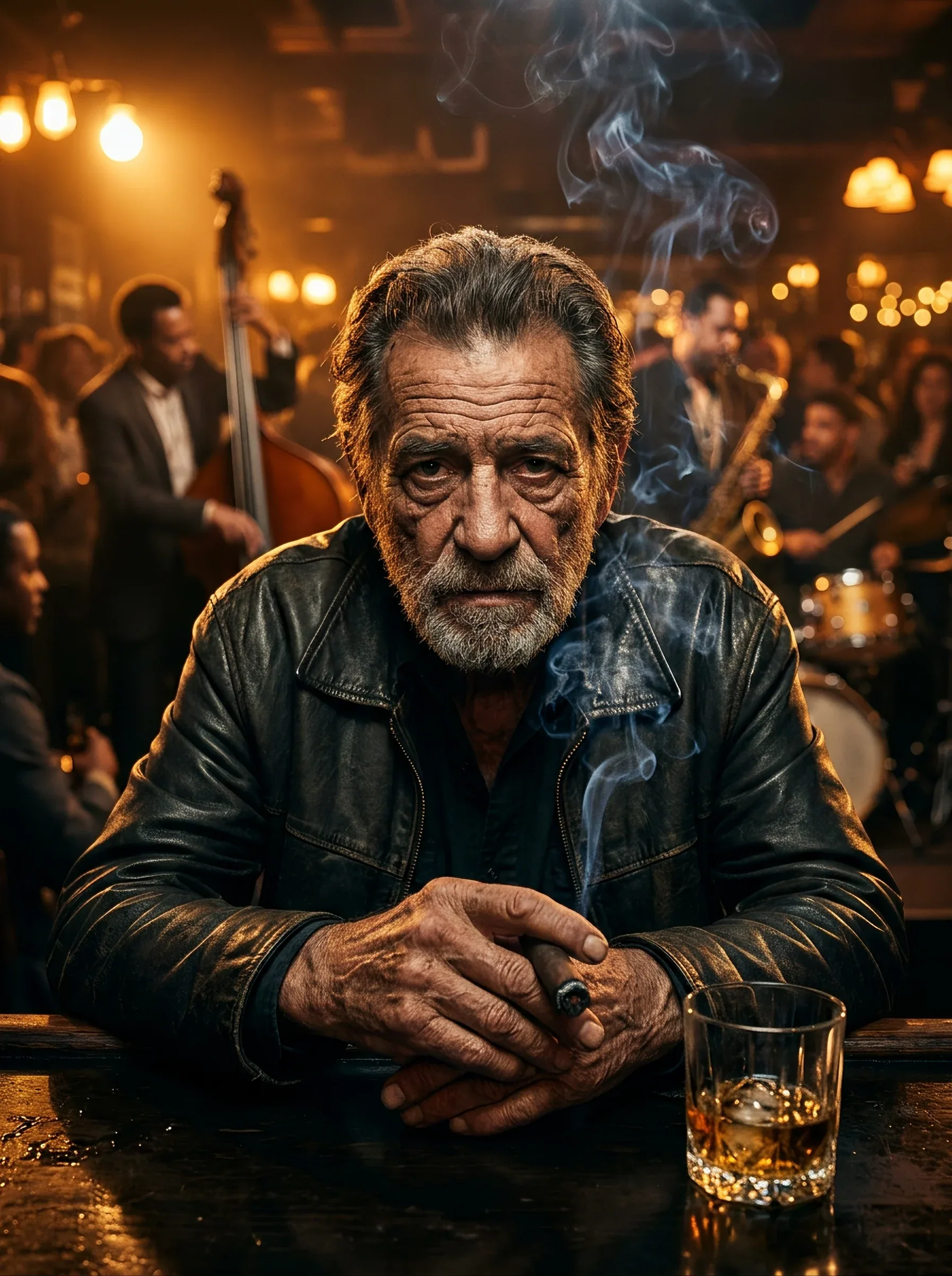 An elderly, weathered musician sits at a dark bar, leaning toward the camera with folded, heavily veined hand… - AI prompt reference from CC Prompt Galaxy
