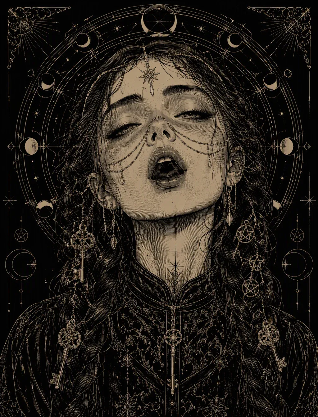 A detailed vector illustration for apparel print, solid black background. A stylized portrait of a girl with … - AI提示词参考图，来自西西提示词