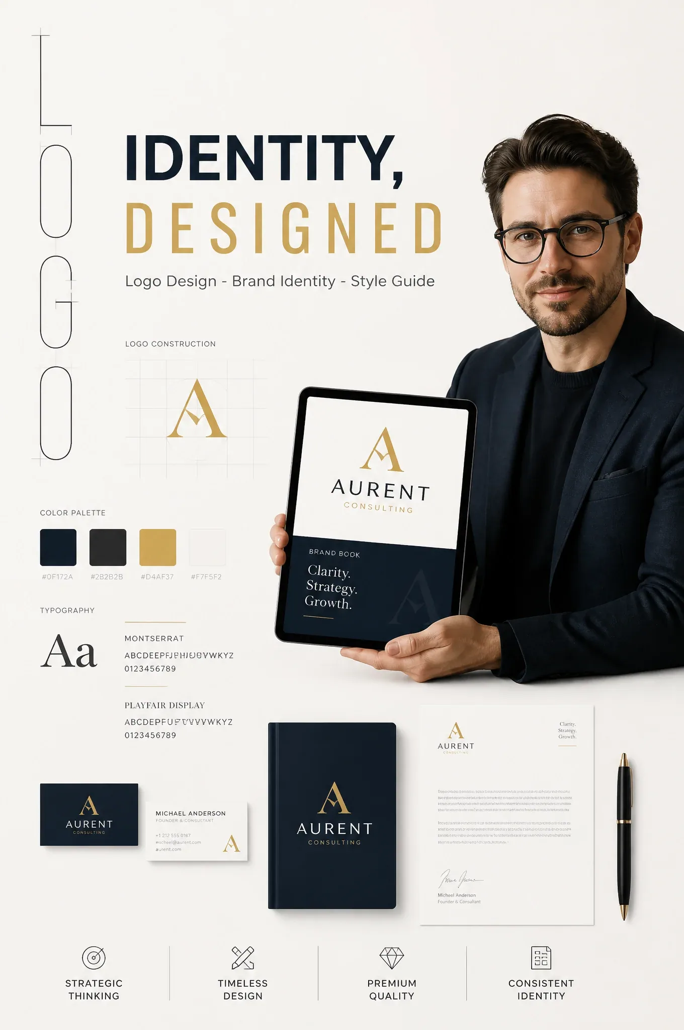 2:3 aspect ratio. Minimalist premium advertisement for business logo and branding design.Main headline: “IDEN… - AI提示词参考图，来自西西提示词