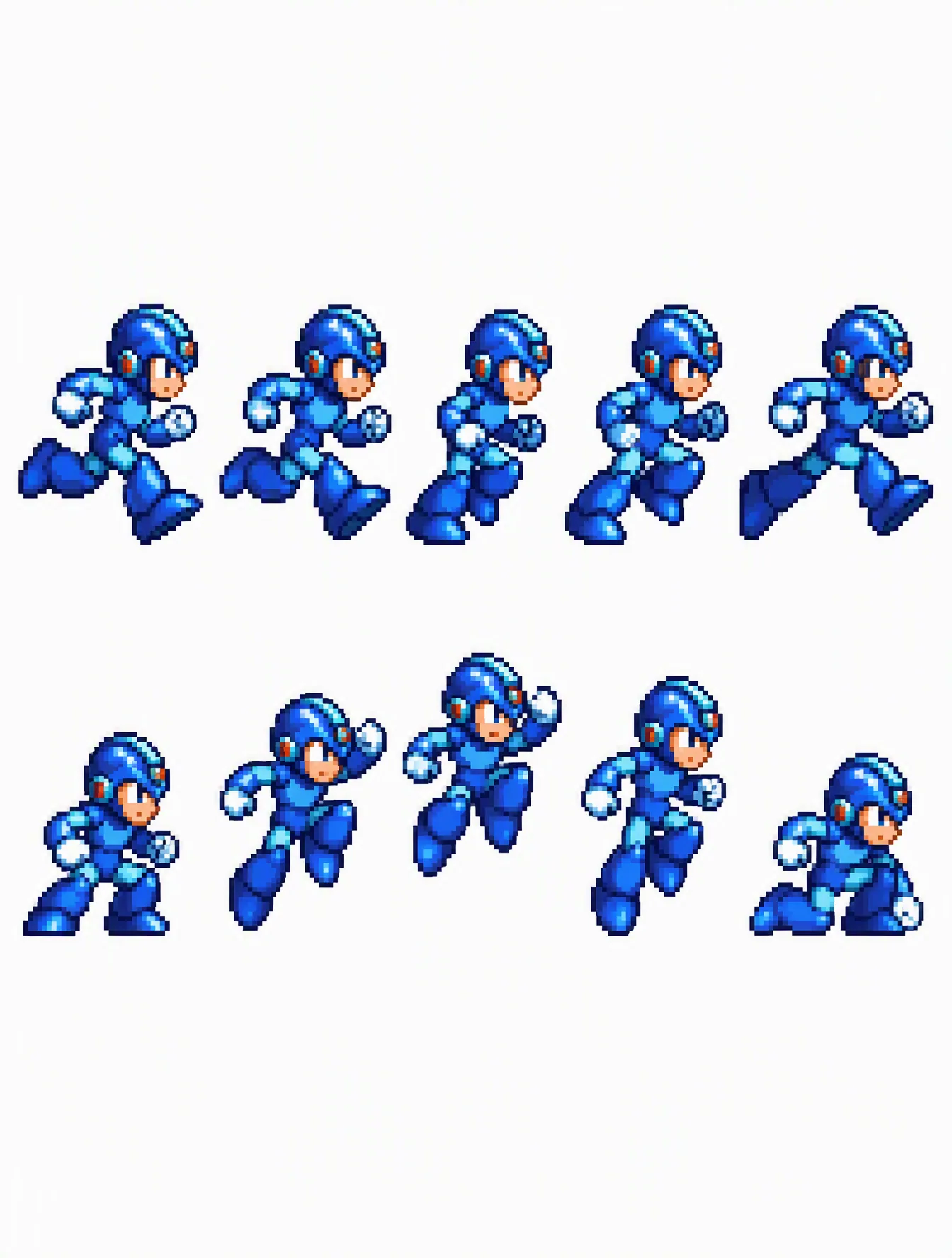 A retro 16-bit pixel-art sprite sheet presents ten blue-armored humanoid action figures arranged in two horiz… - AI prompt reference from CC Prompt Galaxy