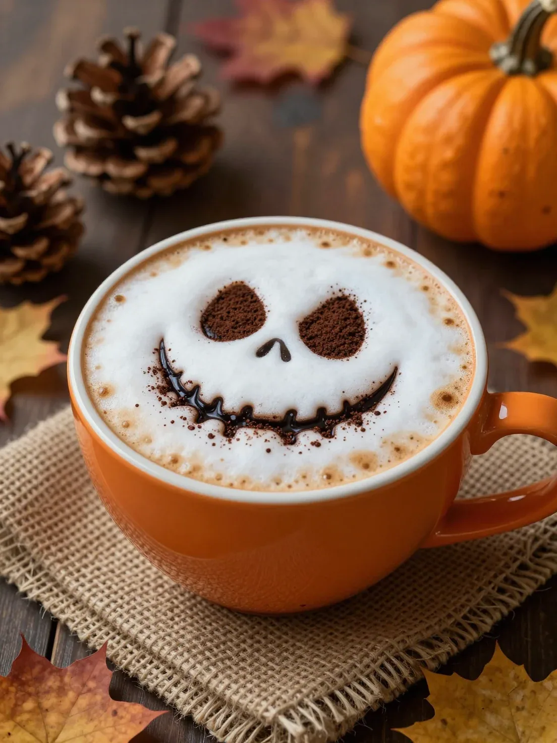 A hyper-realistic close-up of a black coffee orange cup with frothy cappuccino foam featuring a smiling Jack … - AI prompt reference from CC Prompt Galaxy