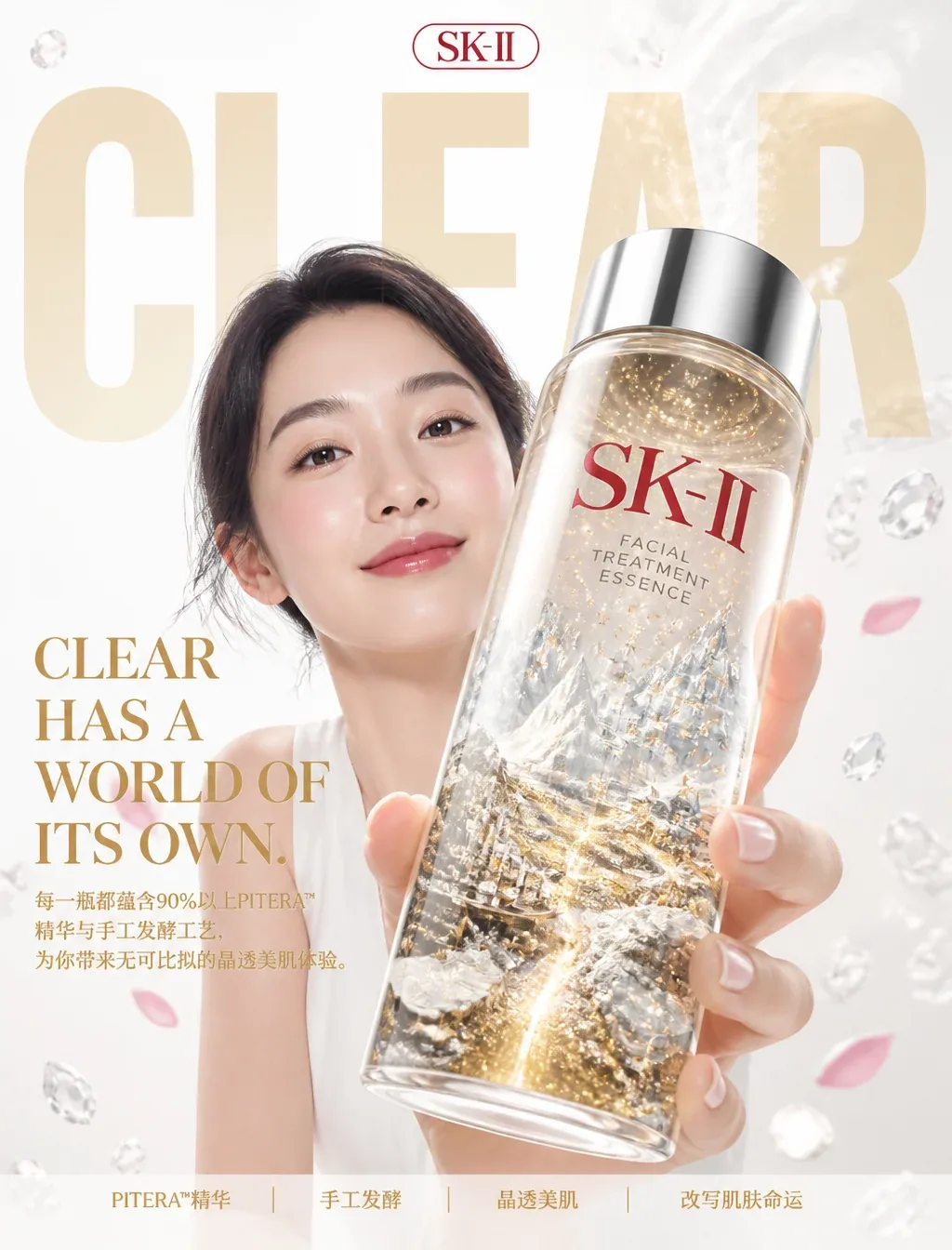 生成一张世界级品牌广告级护肤海报，采用大胆商业版式 × 超现实写实主义风格，照片级真实感，奢侈品编辑级视觉叙事，无AI痕迹。竖版构图，适配中国大陆社交媒体。核心创意："晶透自有其世界。" SK-II神仙水的经典玻璃瓶内… - AI提示词参考图，来自西西提示词