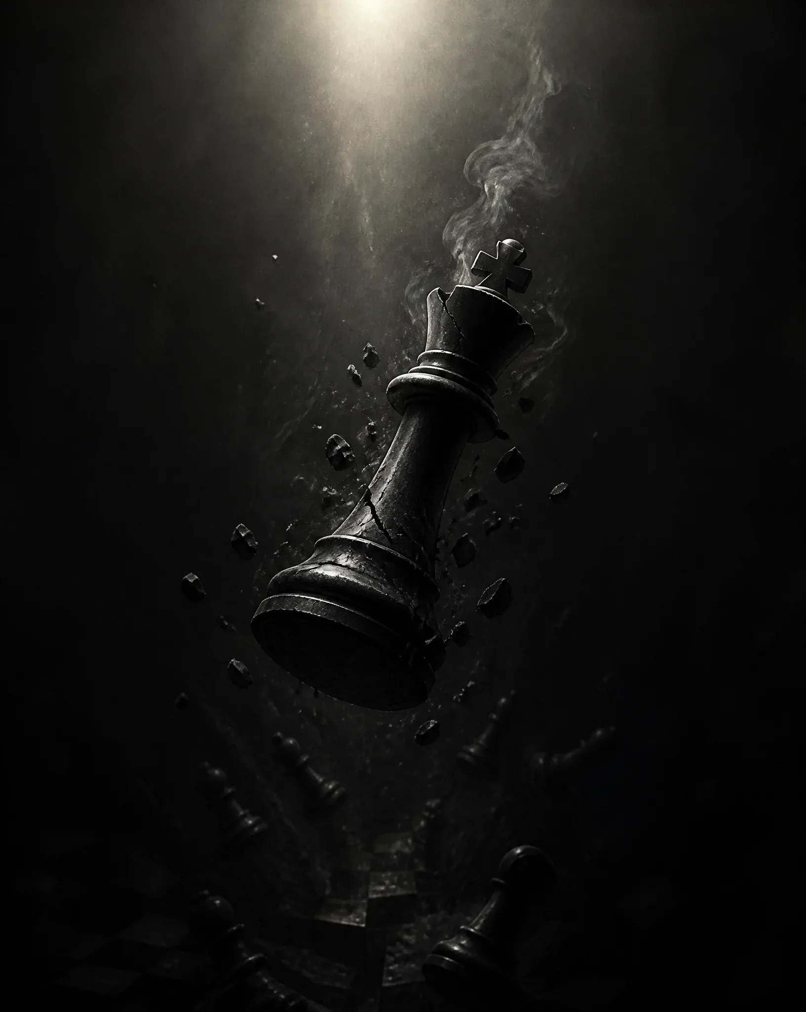 A highly detailed black chess king falling through an endless dark void, captured in the exact moment before … - AI提示词参考图，来自西西提示词