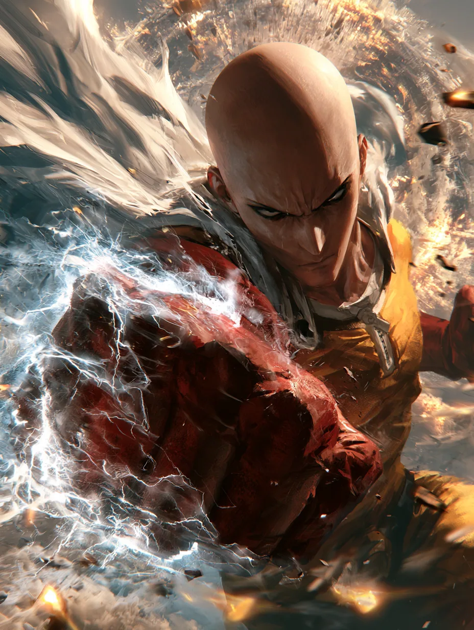 An epic, cinematic, high-quality anime poster of Saitama from One-Punch Man throwing a devastating, world-sha… - AI prompt reference from CC Prompt Galaxy