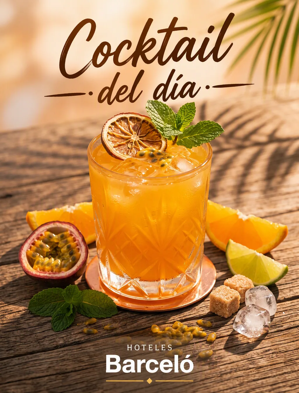 En la parte superior, “Cocktail del día”; en la parte inferior, el logo de Hoteles Barceló. - AI提示词参考图，来自西西提示词