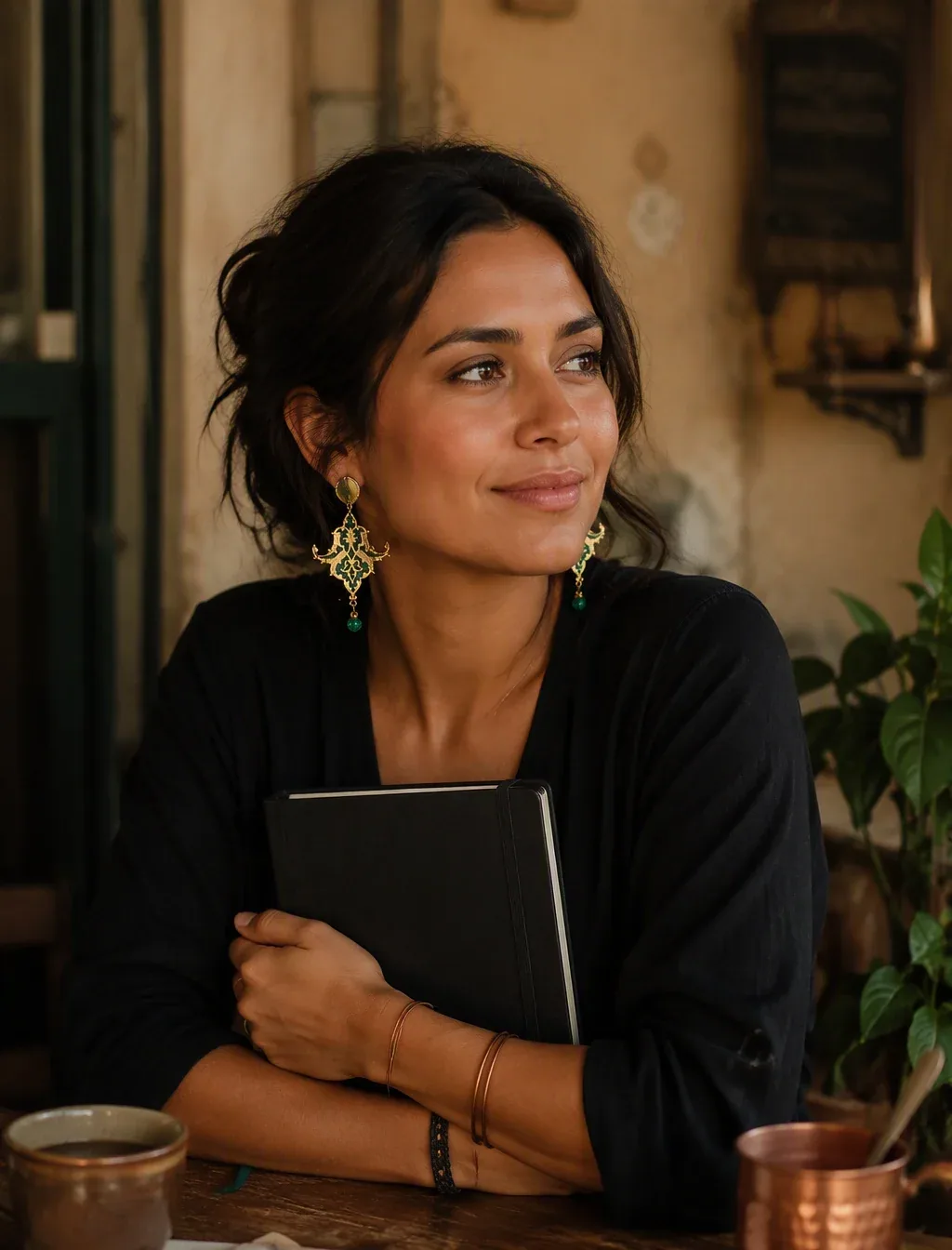Latin American woman of ~ 27 years old, dark hair picked up in loose brown, warm brown skin, smooth faces. Al… - AI prompt reference from CC Prompt Galaxy