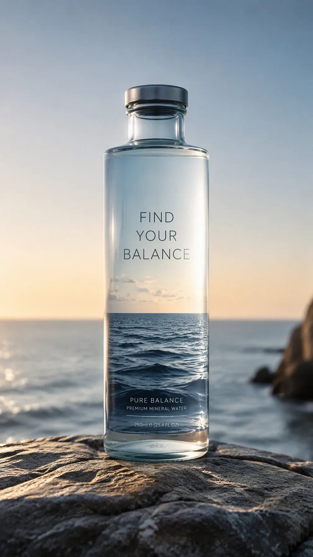 Premium 4:5 beverage advertising poster.A transparent premium bottle standing upright on a simple stone surfa… - AI提示词参考图，来自西西提示词