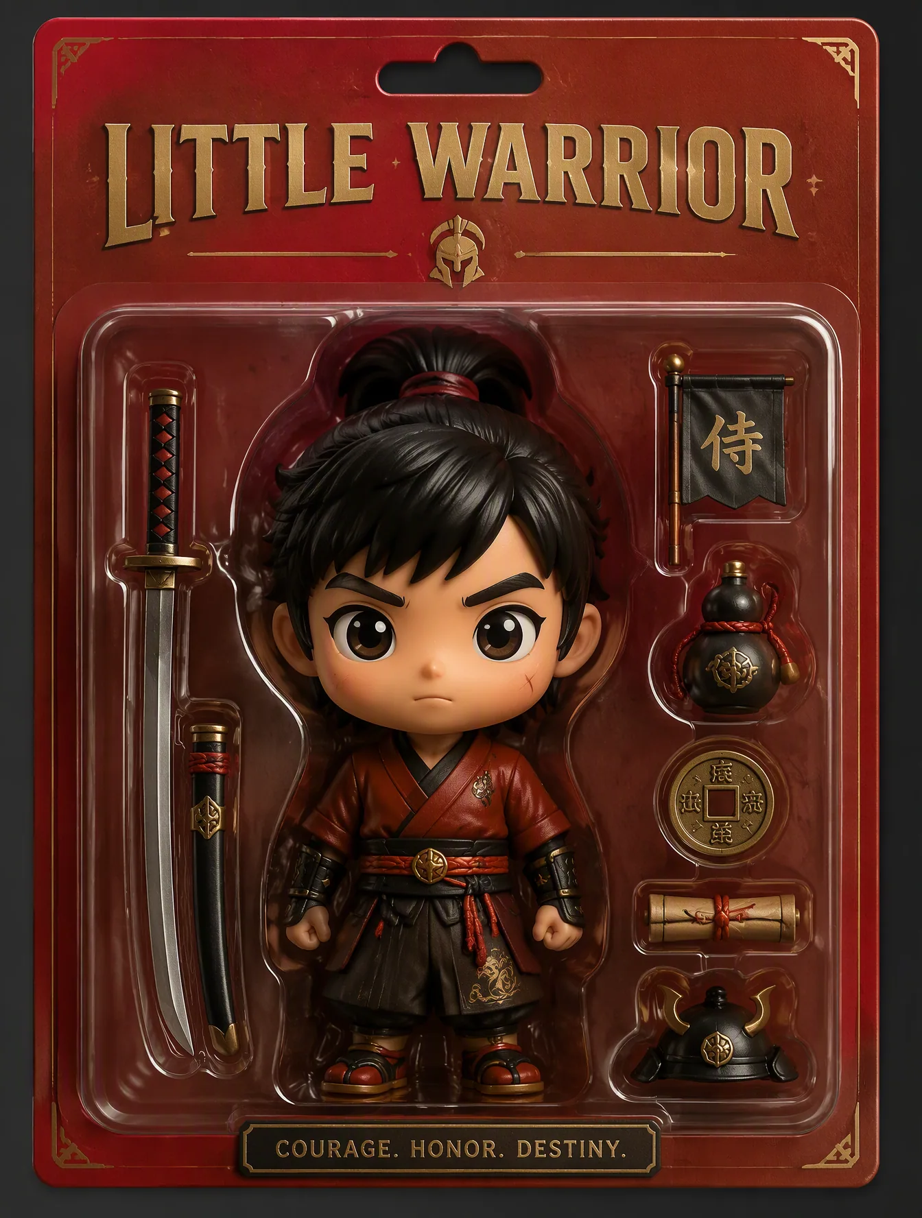 Create a stylized collectible toy package featuring [Character Name]. Packaging color: [Color] Top text: "[Ti… - AI提示词参考图，来自西西提示词