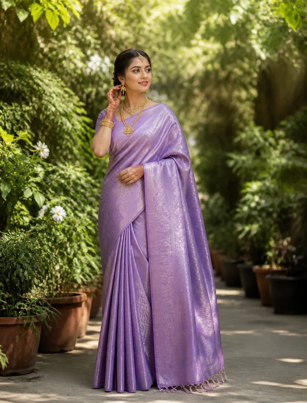 A poised South Asian woman stands among lush garden foliage, lightly touching her earring while looking off-c… - AI提示词参考图，来自西西提示词