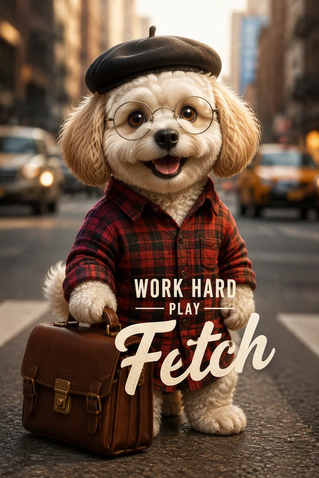 A fluffy white dog wearing a red plaid shirt and a black beret, with round glasses perched on its nose. The d… - AI提示词参考图，来自西西提示词