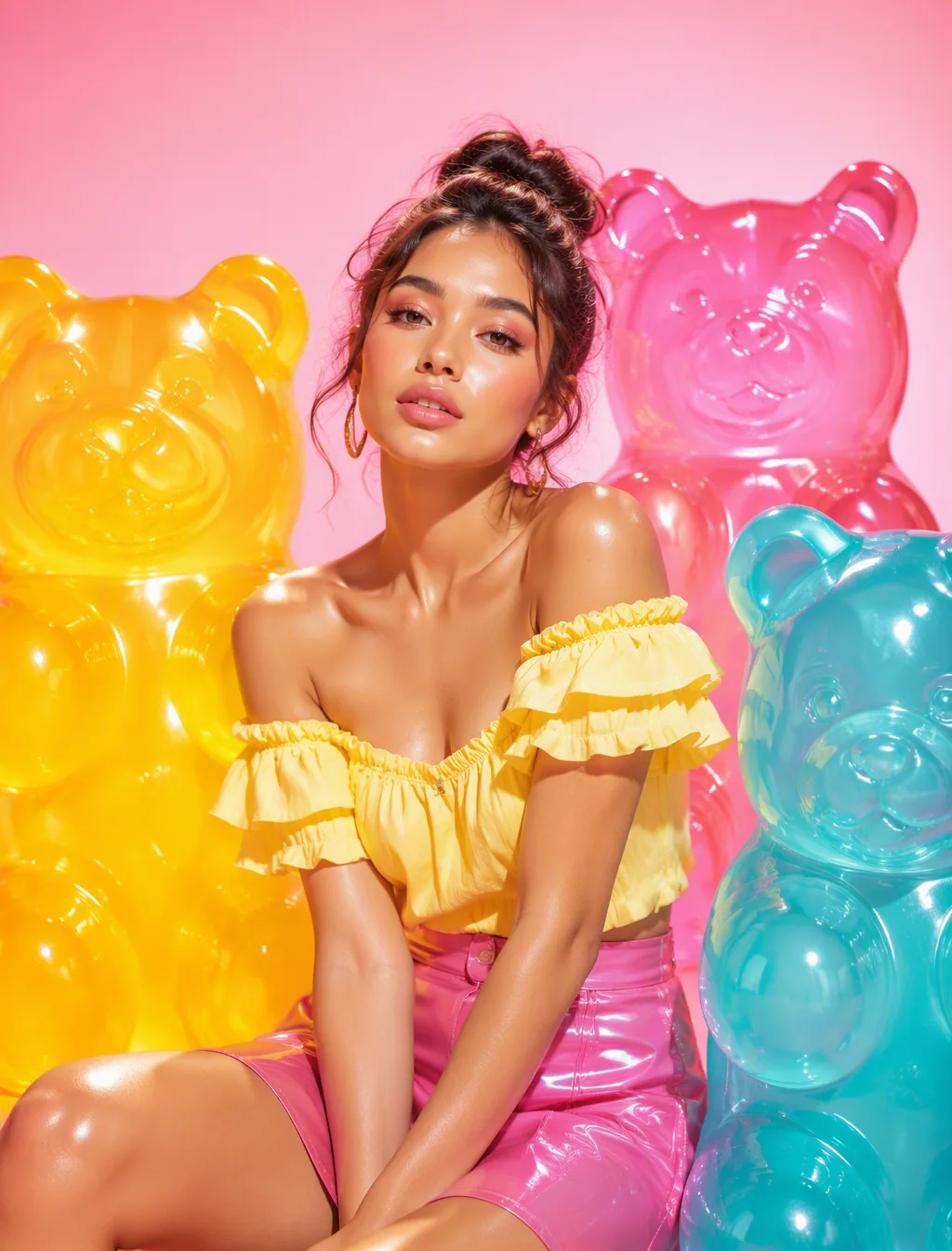 A youthful fashion model with glowing skin and glossy makeup sits centrally, framed by three colossal, semi-t… - AI提示词参考图，来自西西提示词