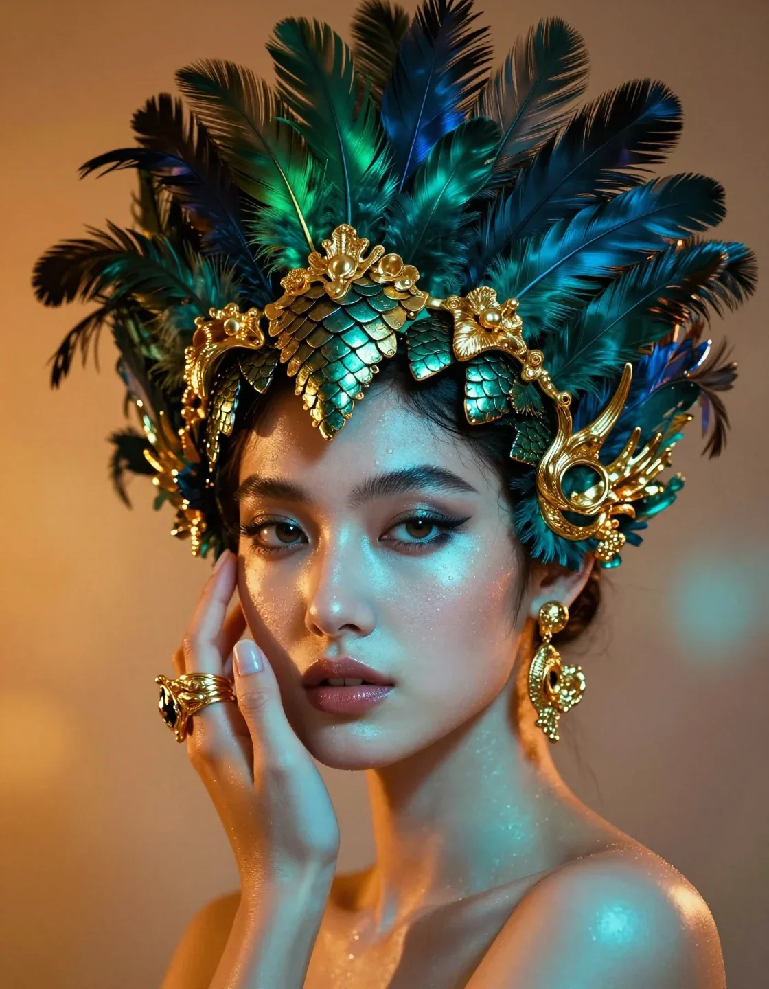 Create a high-fashion, avant-garde editorial portrait for a luxury beauty magazine.Subject & Headpiece: A clo… - AI提示词参考图，来自西西提示词