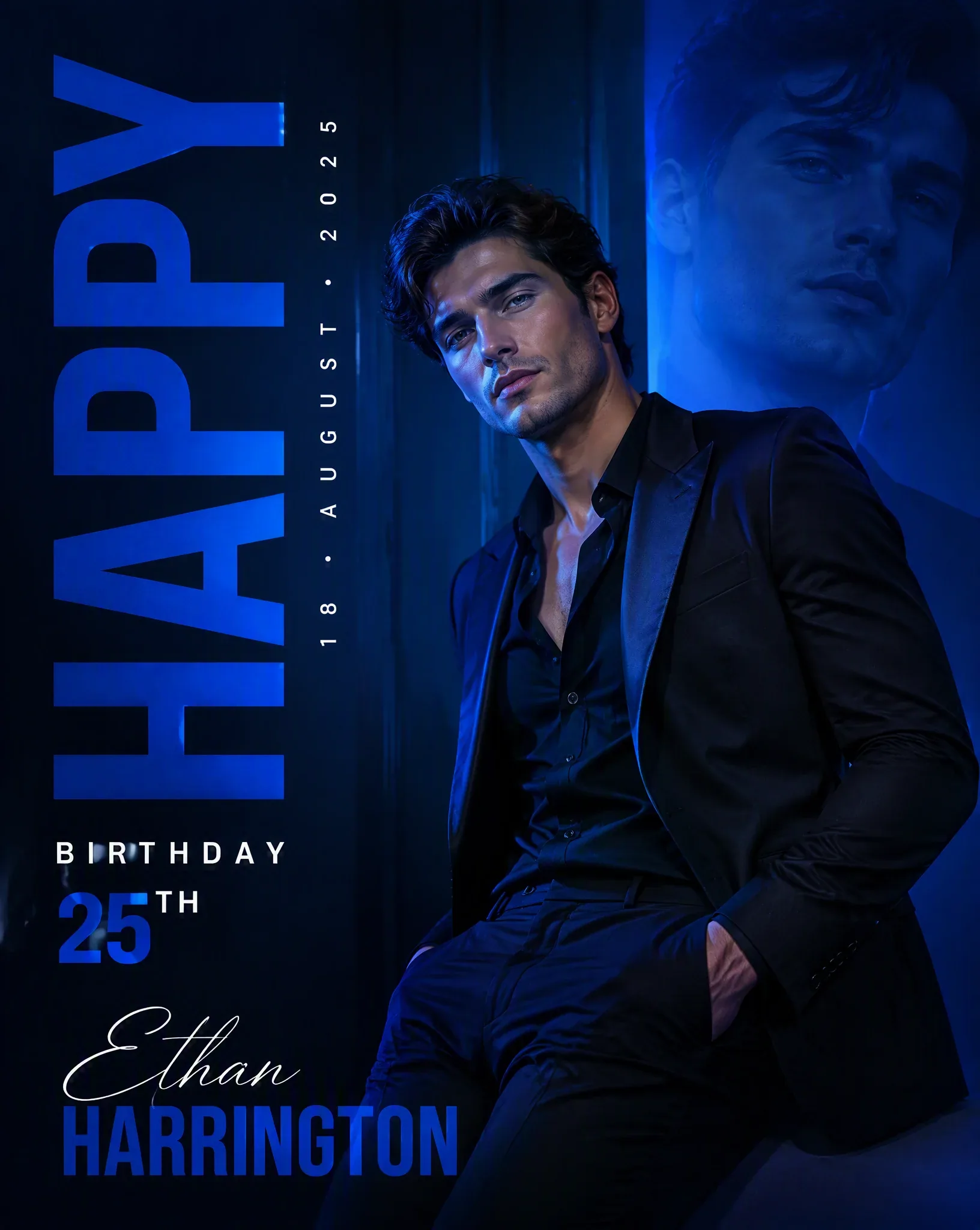 Create a premium fashion-editorial birthday poster, but change the entire visual theme to RADIANT BLUE.Vertic… - AI prompt reference from CC Prompt Galaxy
