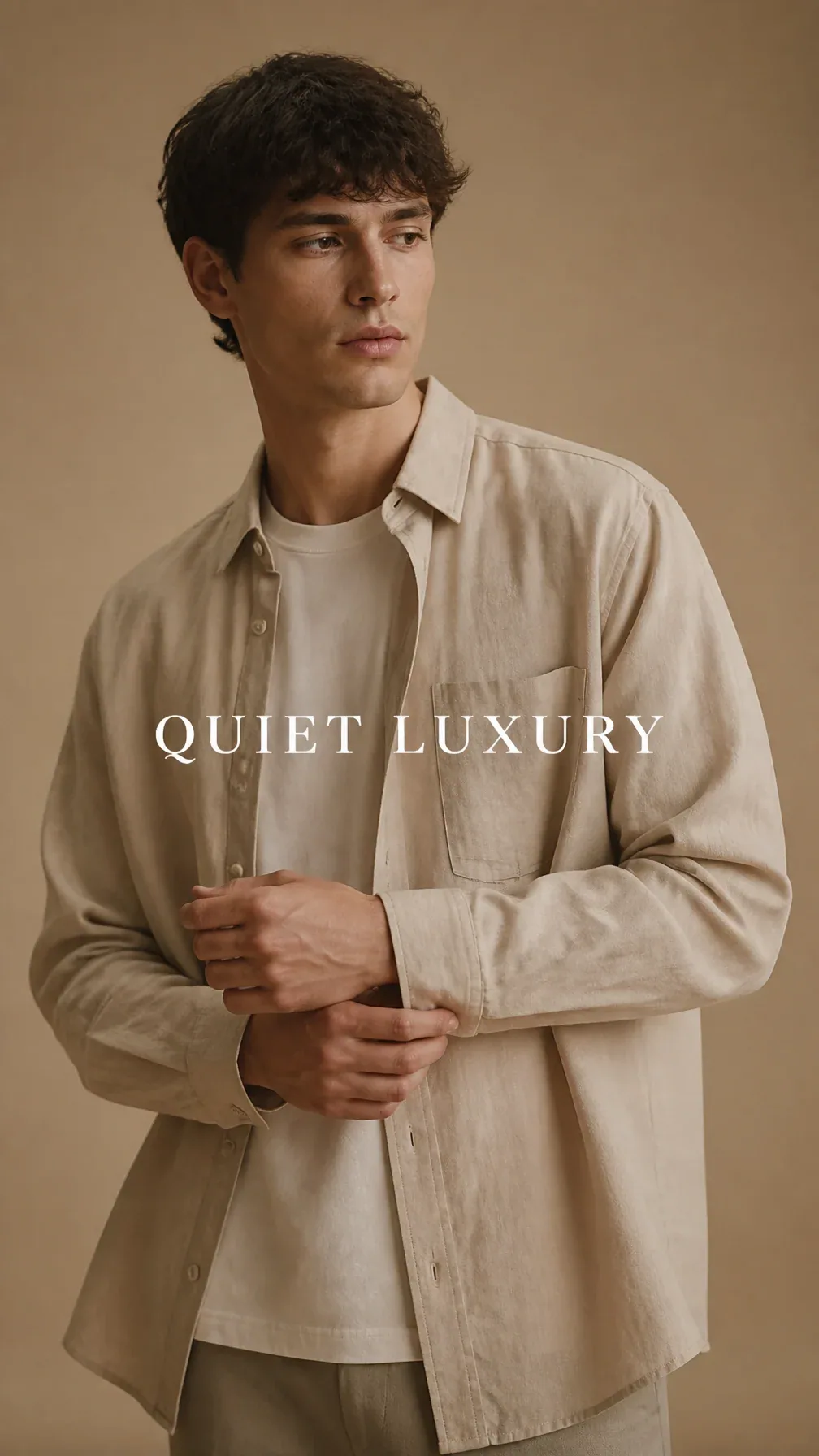 Luxury Zara-inspired editorial campaign. Main Subject: Young male model wearing an oversized sand-beige linen… - AI prompt reference from CC Prompt Galaxy