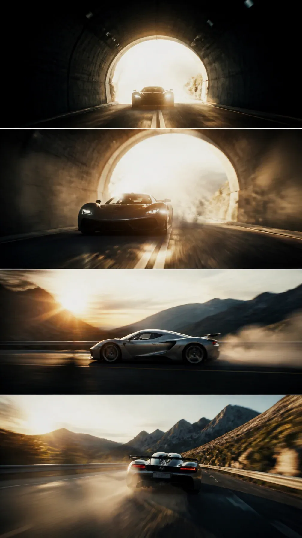 Cinematic slow motion shot: Koenigsegg Jesko Absolut launches from tunnel into bright sunlight, dust and ligh… - AI prompt reference from CC Prompt Galaxy