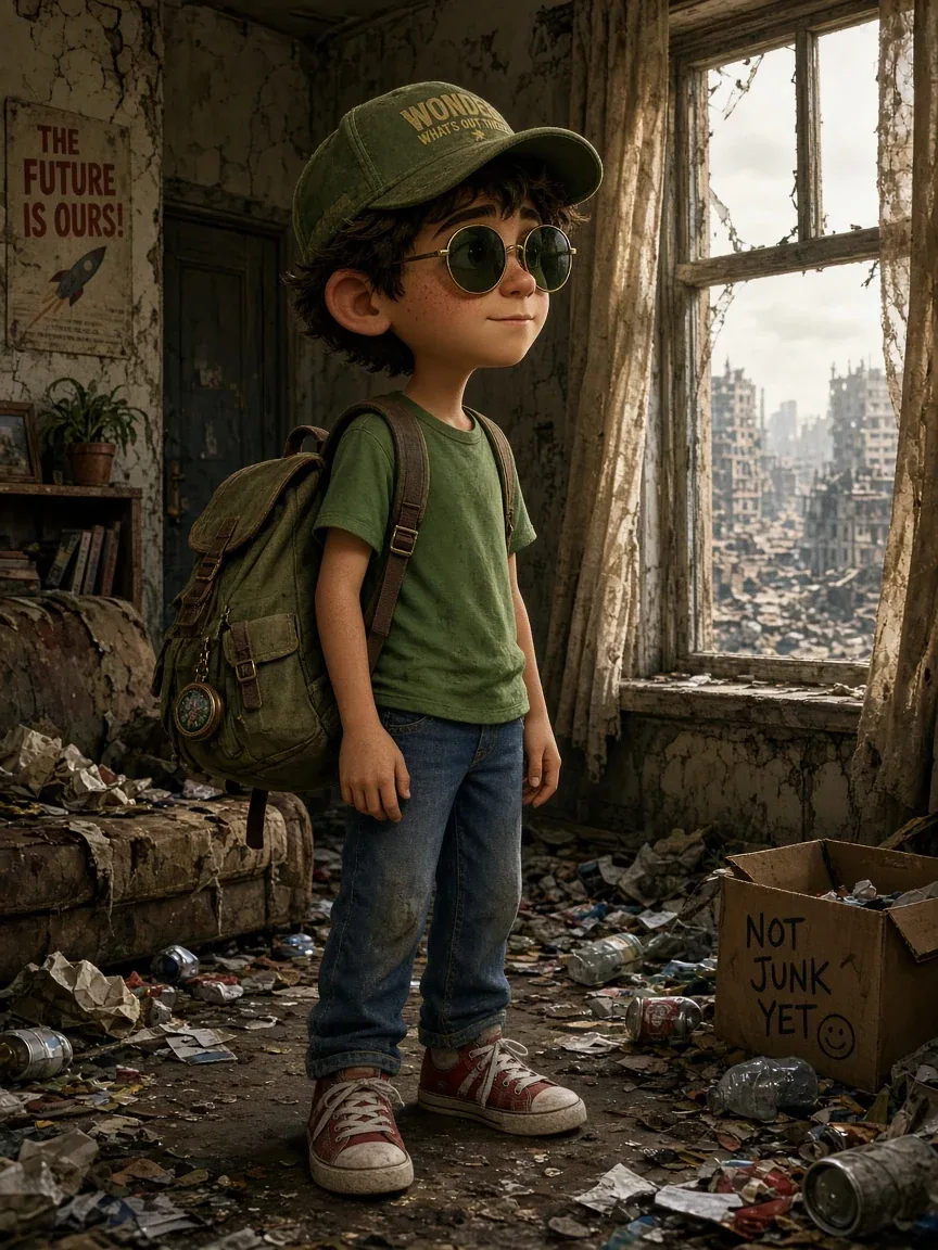 A Pixar-style animated portrait of a young, quirky boy wearing a cap, sunglasses, a green t-shirt, jeans, sne… - AI prompt reference from CC Prompt Galaxy