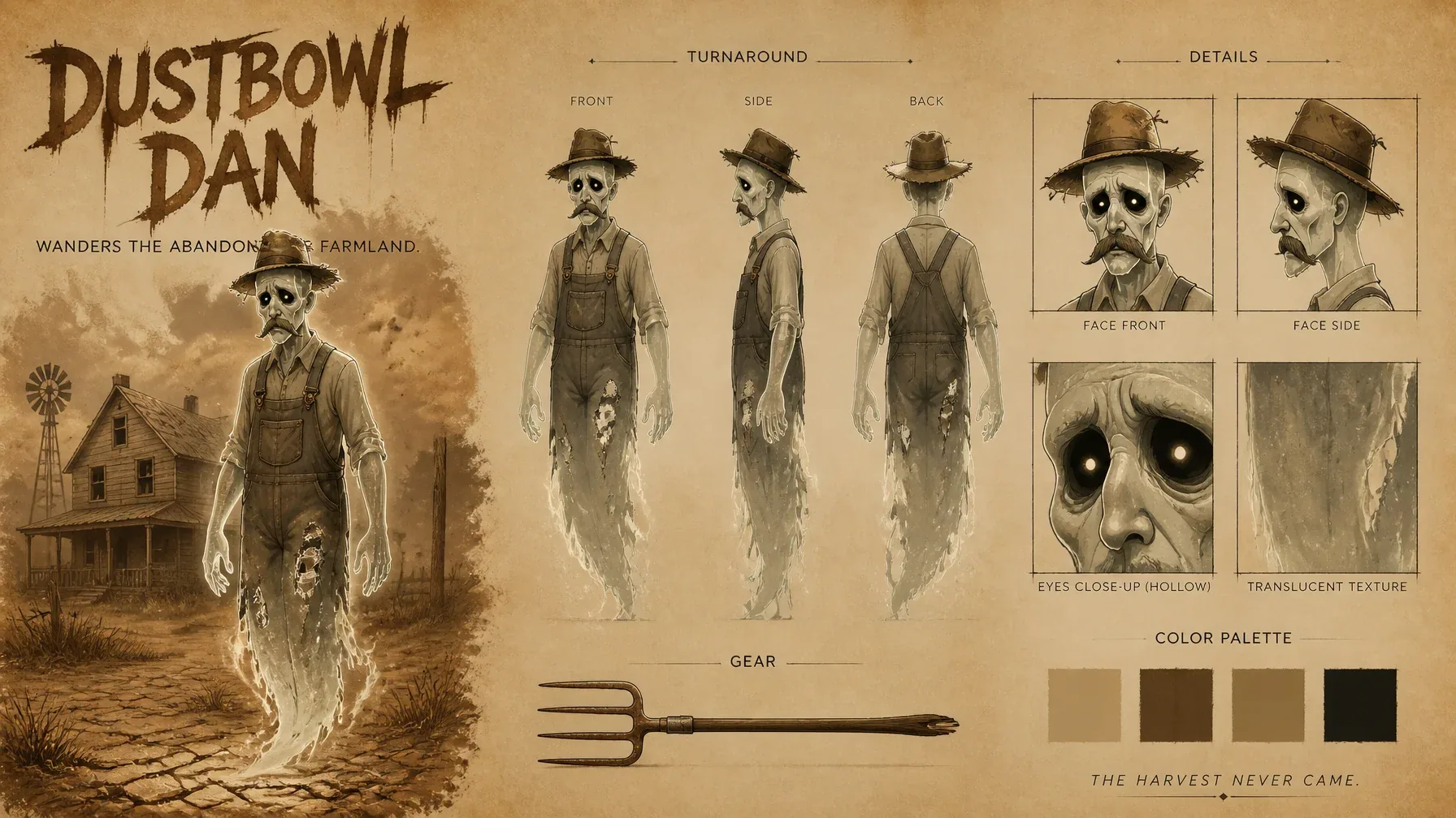 Create a premium cinematic character bible sheet for a ghost named DUSTBOWL DAN. Use the uploaded character s… - AI提示词参考图，来自西西提示词