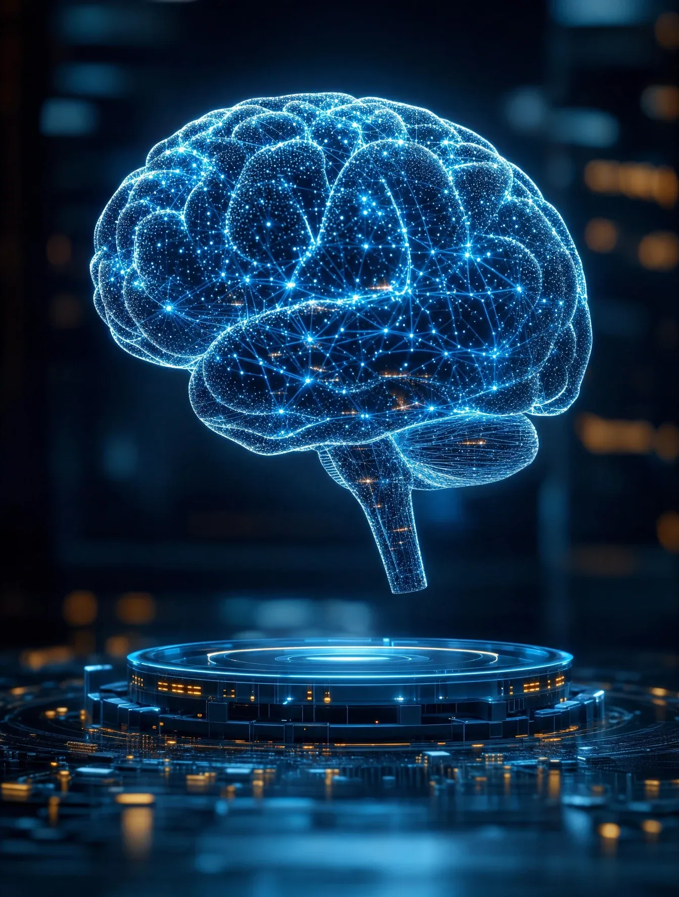 Futuristic artificial intelligence brain concept, glowing digital human brain made of data particles and neur… - AI提示词参考图，来自西西提示词