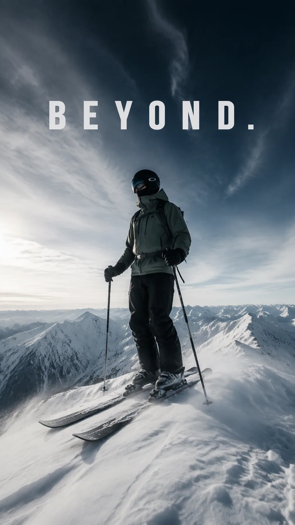 Create a premium 9:16 winter sports campaign.Main Subject: Young male skier standing alone on a vast snowy mo… - AI提示词参考图，来自西西提示词