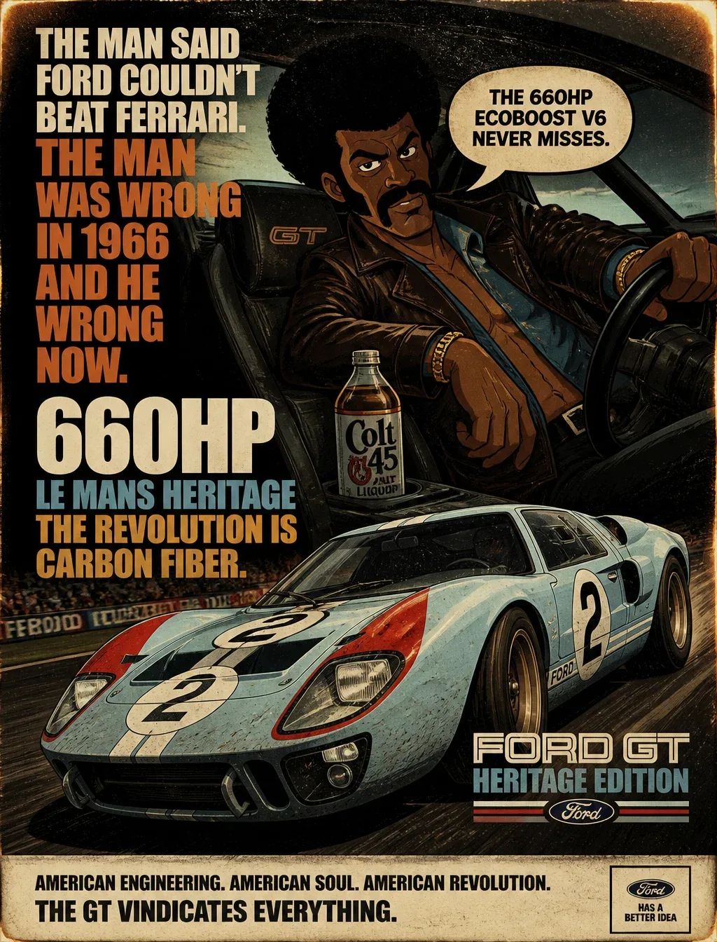 Create a 1970s blaxploitation premium automotive poster of Ford GT Heritage Edition in Black Dynamite animati… - AI提示词参考图，来自西西提示词