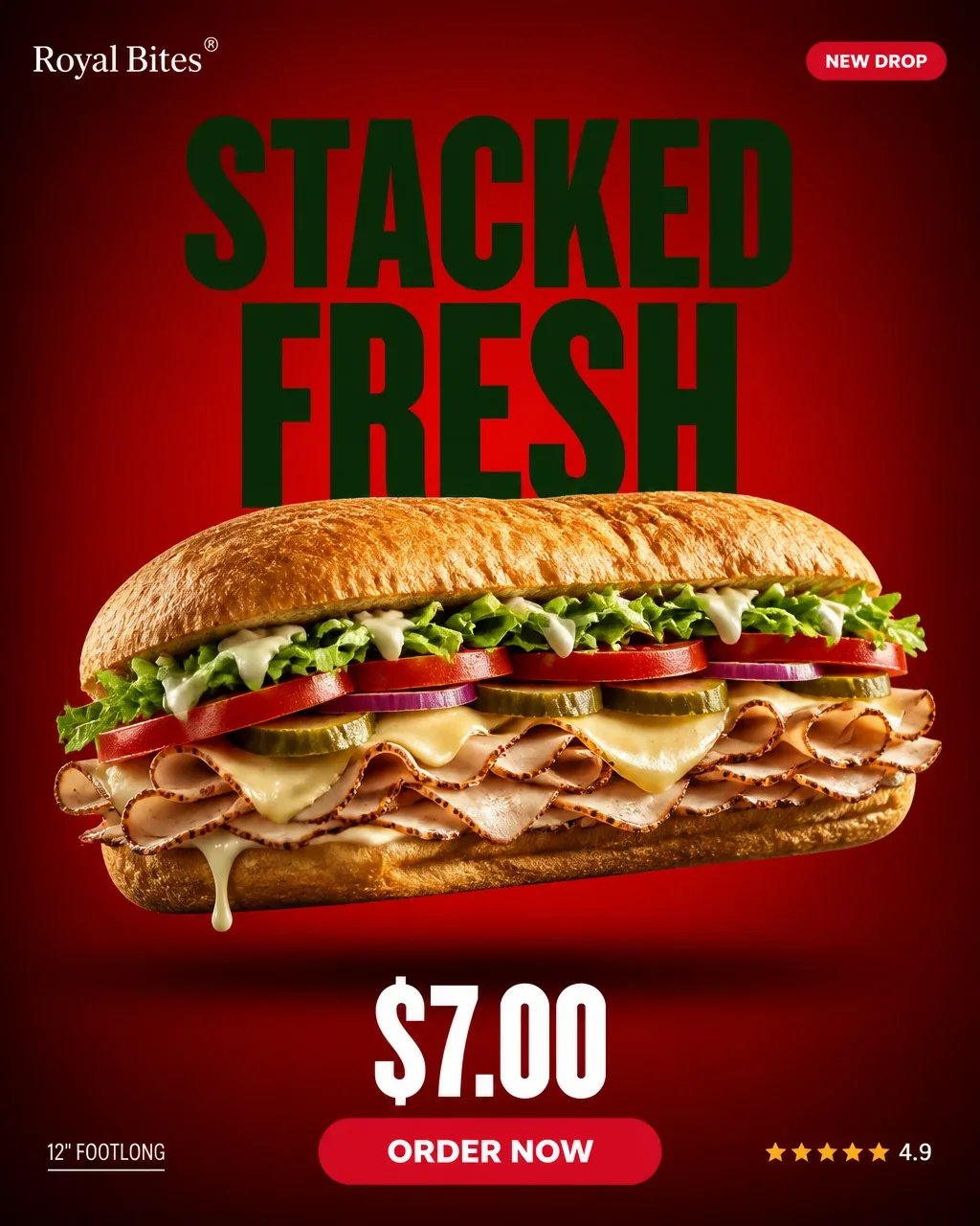 FORMAT4:5 VERTICAL PREMIUM SOCIAL MEDIA MARKETING POSTERCLIENTROYAL BITES CAMPAIGN TITLESTACKED FRESHCREATIVE… - AI提示词参考图，来自西西提示词