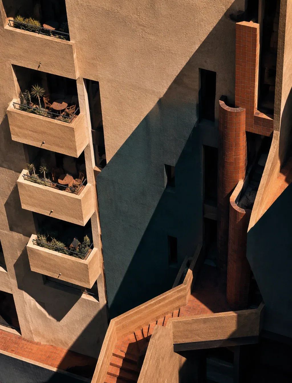 { "prompt": "Aerial high-angle view of a modernist building facade with strong geometric shapes, dramatic dia… - AI提示词参考图，来自西西提示词