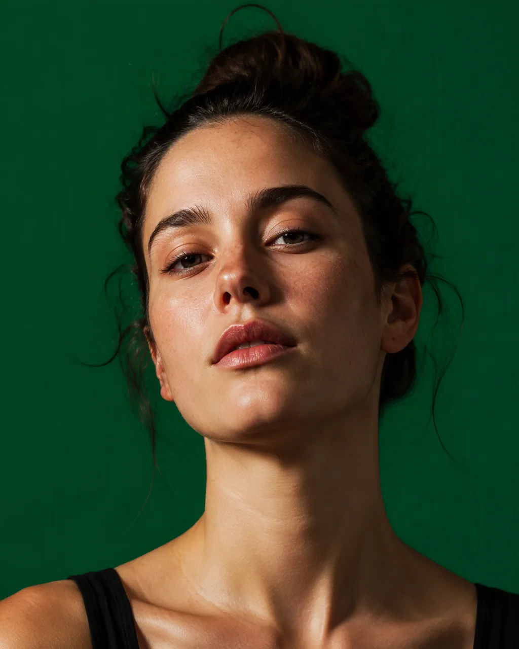 Create a hyper-realistic 4:5 editorial portrait of a young woman against a bold deep emerald green solid back… - AI提示词参考图，来自西西提示词