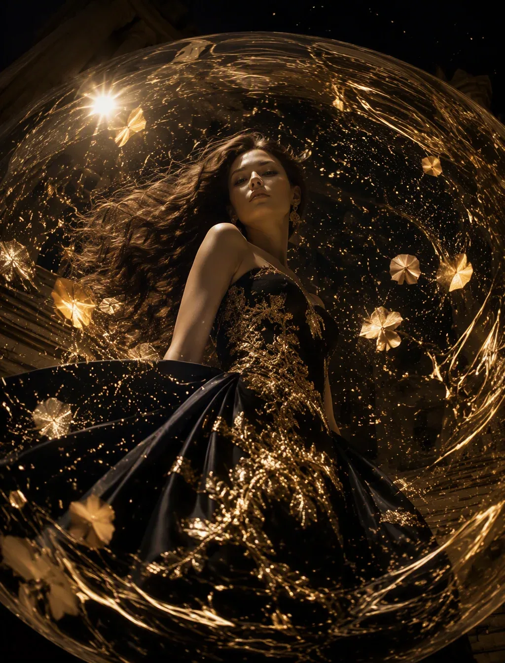 Ultra-photorealistic luxury fashion editorial, vertical 3:4. A glamorous young adult woman with long glossy d… - AI提示词参考图，来自西西提示词