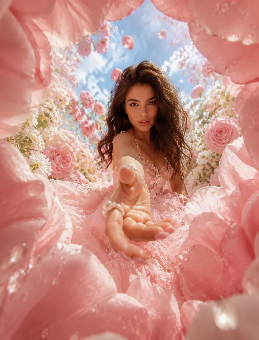 Ultra-photorealistic high-fashion editorial photograph in a dreamy romantic pink floral aesthetic, vertical 3… - AI提示词参考图，来自西西提示词